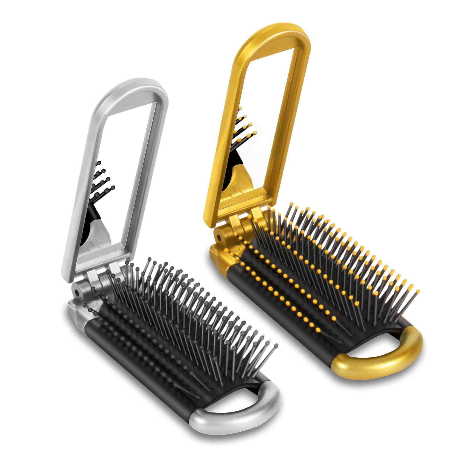 Yusong Mini Travel Hair Brush Set - 2 Pack Folding Hairbrush with Mirror for Women & Girls, Compact Pocket Size Comb for Purse, Gym, Travel, Swimming (Gold & Silver) | Perfect for On-the-Go Styling, Quick Touch-Ups, and Travel Essentials