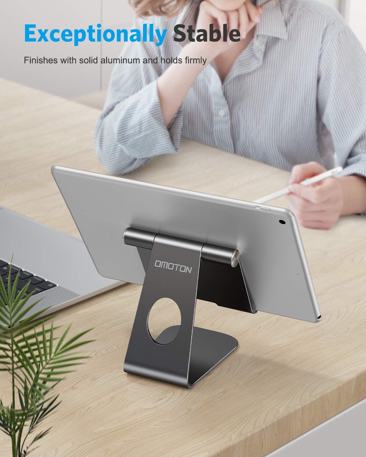 OMOTON Adjustable Tablet Stand Holder for iPad Pro 2022/11/12.9, iPad Air 3/4/5, iPad Mini 4/5/6, Samsung Galaxy Tab, Nintendo Switch - Universal Aluminum Stand for Tablets up to 12.9 Inches (Black) - Perfect for Home Office, Gaming & Watching Videos