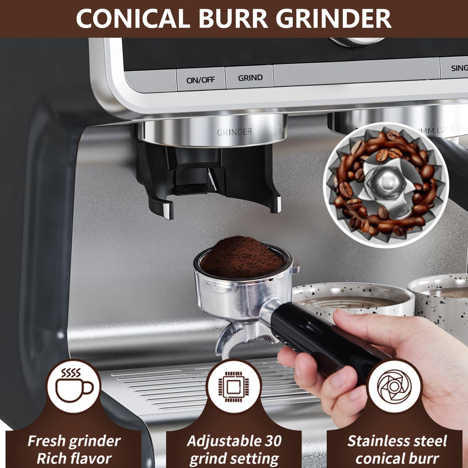 20 Bar Semi-Automatic Espresso Machine with Built-in Coffee Grinder & Milk Frother - 95oz Removable Water Tank for Cappuccino, Latte - Perfect for Home Baristas & Coffee Shops (Dark Gray)