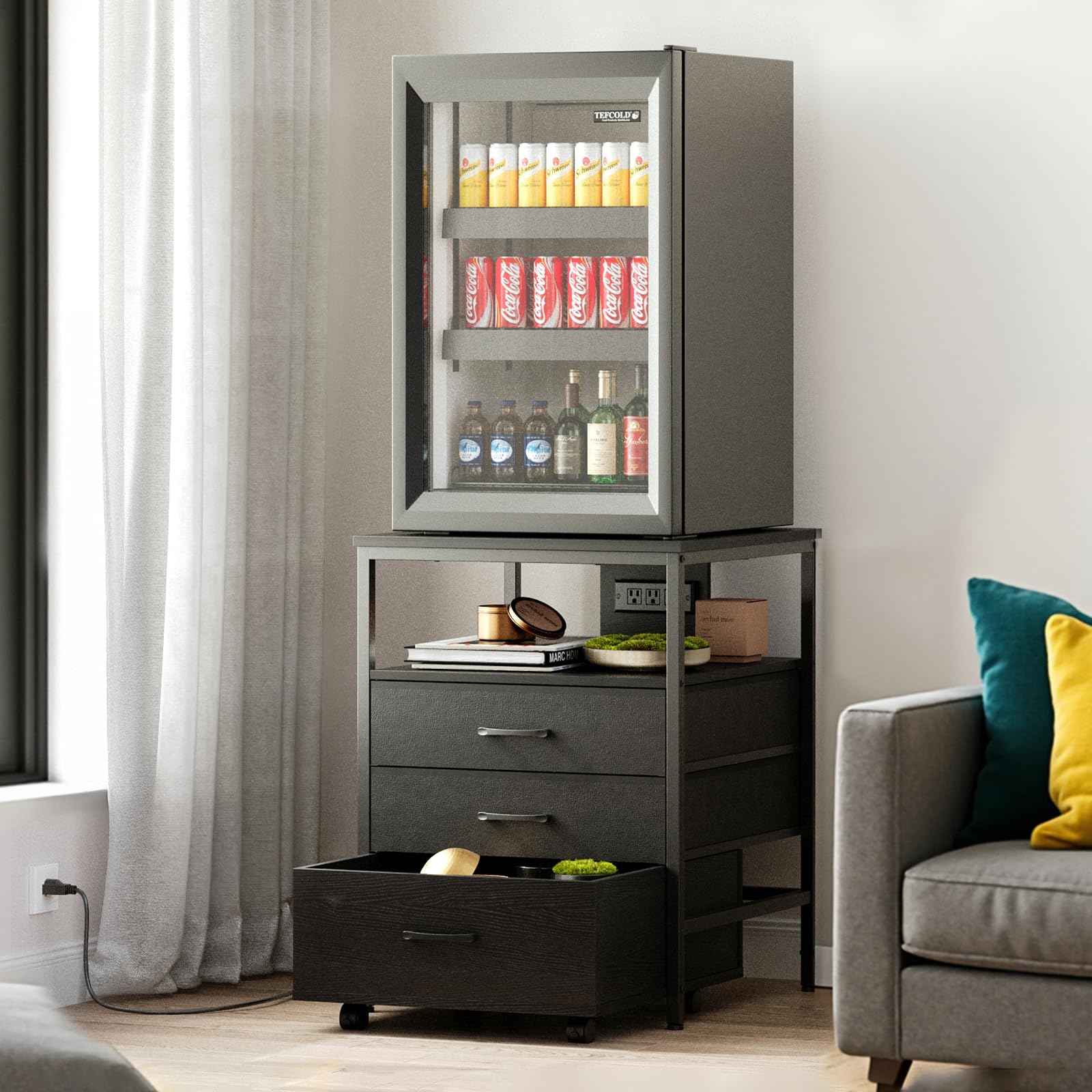 **4-Tier Mini Fridge Stand with Storage & Power Outlet - Heavy-Duty Rolling Cabinet Organizer for Home, Office, Dorm, or Kitchen - Ergonomic Refrigerator Table (Black, HB02BXB) - Perfect for Small Spaces & Beverage Storage**