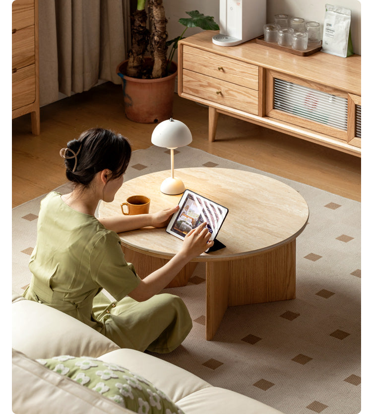 Solid Oak Wood Travertine Coffee Table - Rustic Modern Living Room Furniture for Home Decor & Lounge Use