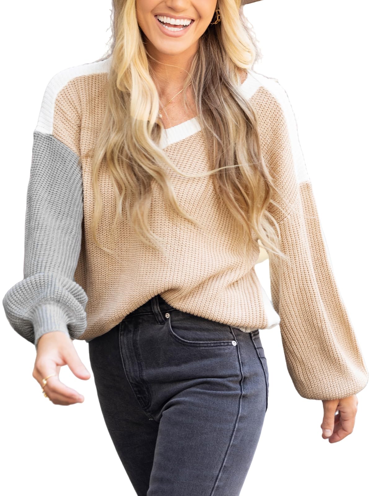 CUPSHE Women's V-Neck Knit Pullover Sweater - Long Sleeve Crochet Casual Top for Fall & Winter | Perfect for Office, Date Night & Cozy Outfits