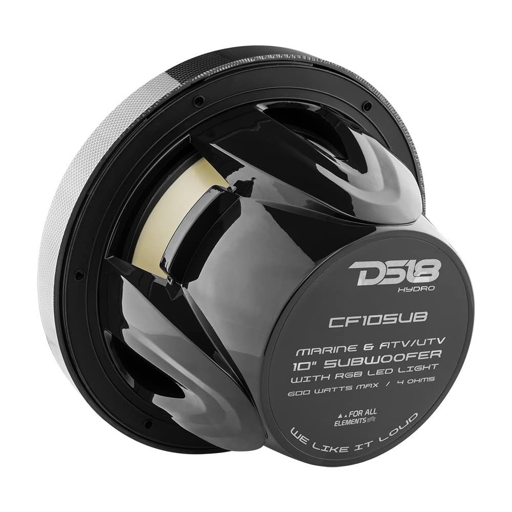 DS18 CF10SUB 10 Inch Waterproof Marine Subwoofer with RGB Lights - 600W Max Power for Boats, ATV, UTV - Perfect for Outdoor Adventures & Off-Road Vehicles