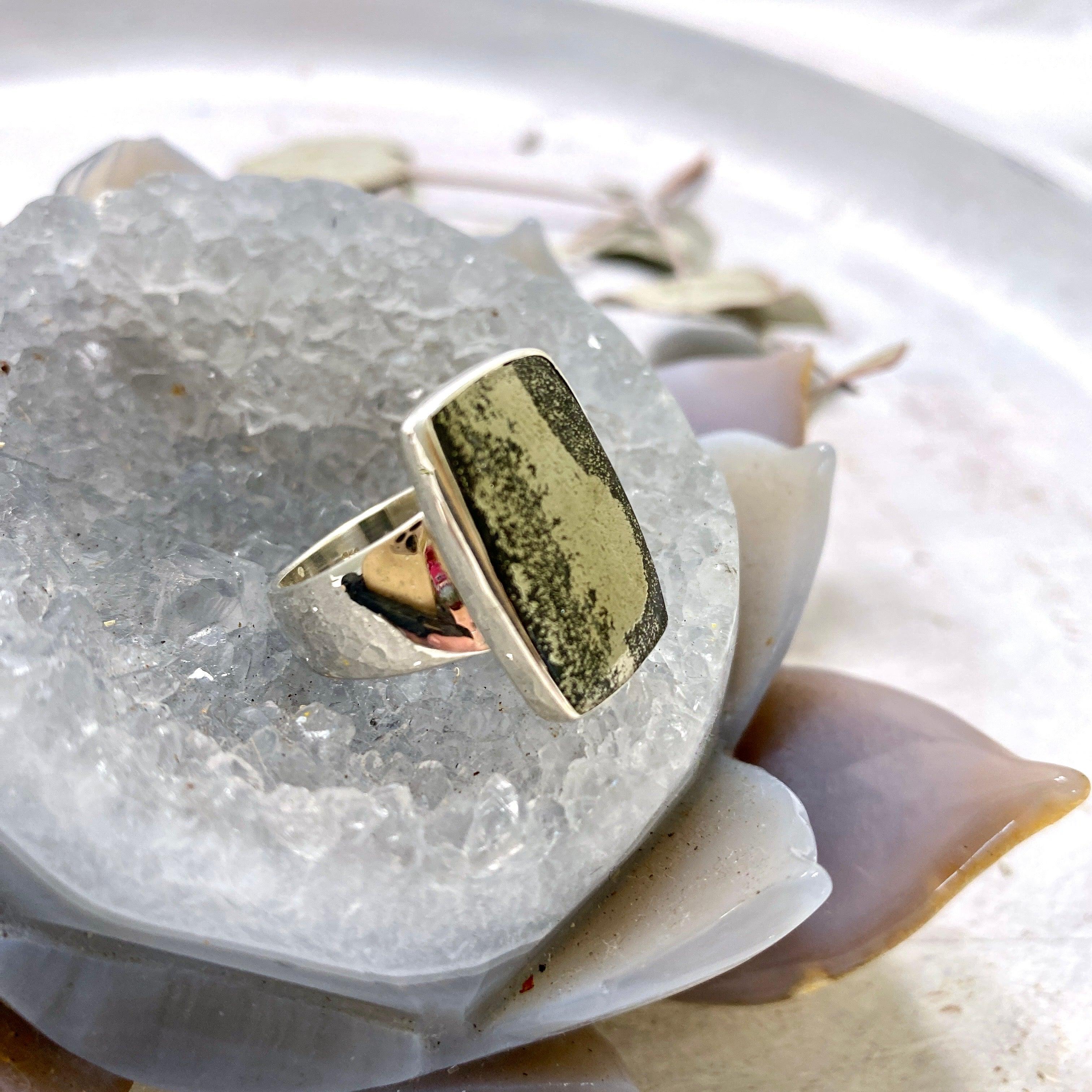 Healer's Gold (Pyrite in Magnetite) Rectangular Ring - Size 9 - KRGJ2401 - Perfect for Spiritual Healing, Energy Work & Boho Fashion Jewelry