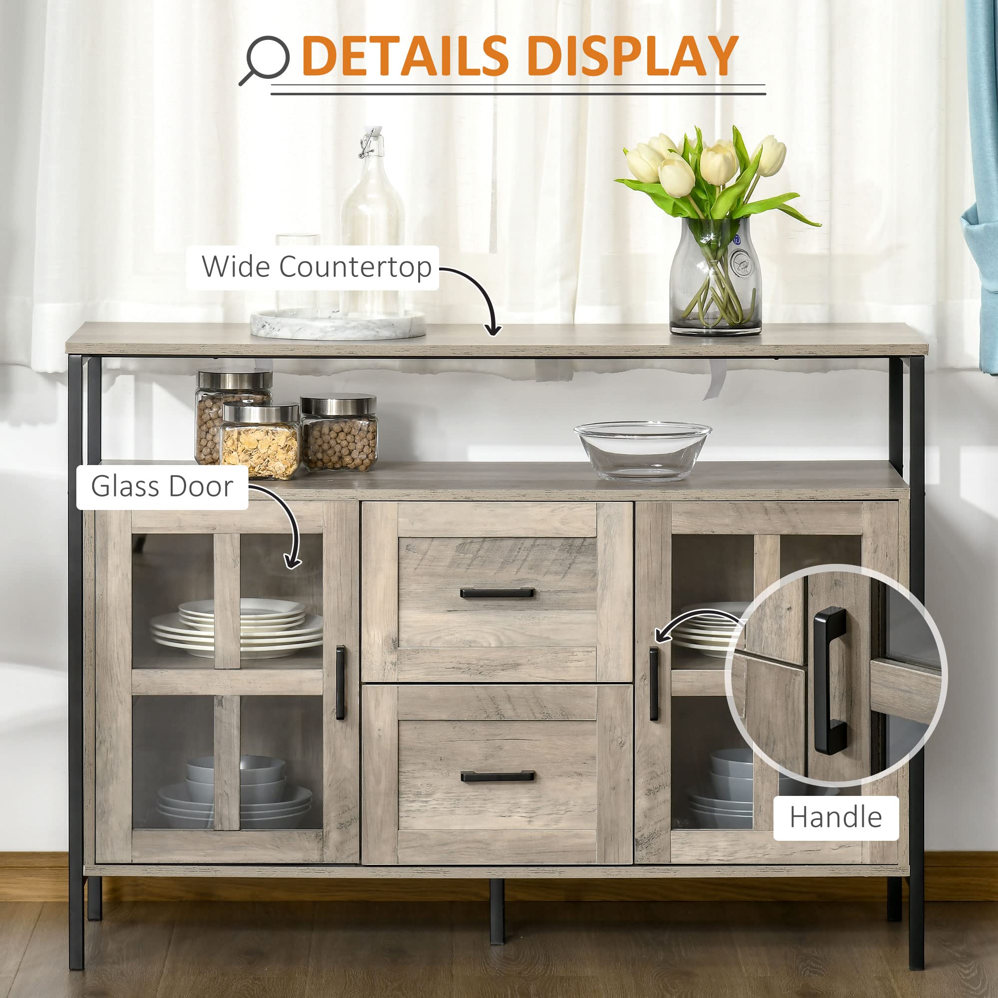 HOMCOM Industrial Sideboard Buffet Cabinet with Adjustable Shelves & Glass Doors - 2-Drawer Storage Cabinet for Kitchen, Living Room, Dining Room | Coffee Bar, Home Organization, Gray Furniture for Modern Interiors