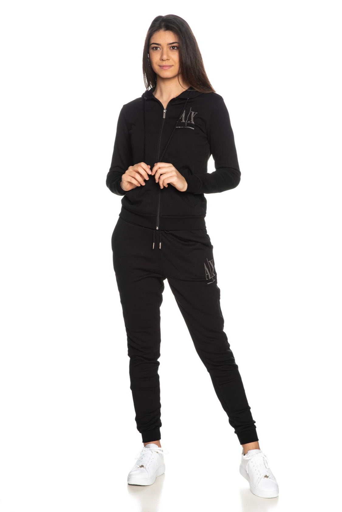 Armani Exchange Hoodie & Sweatpants Set with Silver Stud Icon Logo - Black Matching Lounge Wear for Men & Women | Perfect for Gym, Casual Outfits and Streetwear Fashion