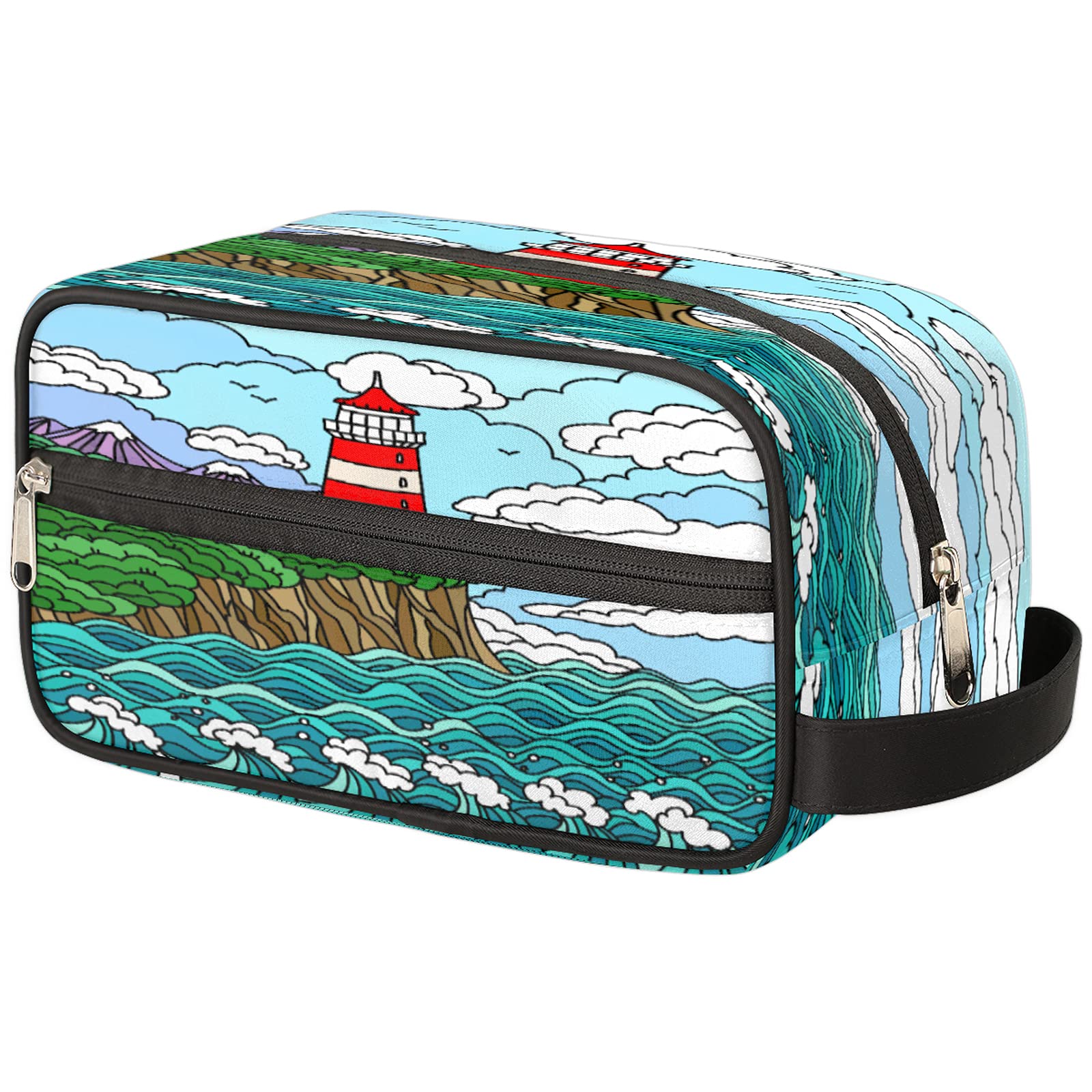 Waterproof Travel Toiletry Bag with Coastal Lighthouse Design - Large Capacity Cosmetic Organizer for Men & Women | Perfect for Vacation, Camping & Business Trips
