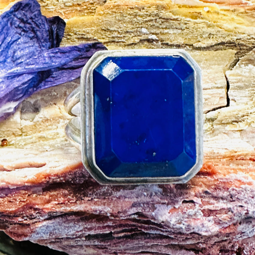 Sterling Silver Bevel Cut Azurite Ring - Size 10 | Handmade Jewelry for Women, Gift for Her, Wedding, Anniversary & Special Occasions