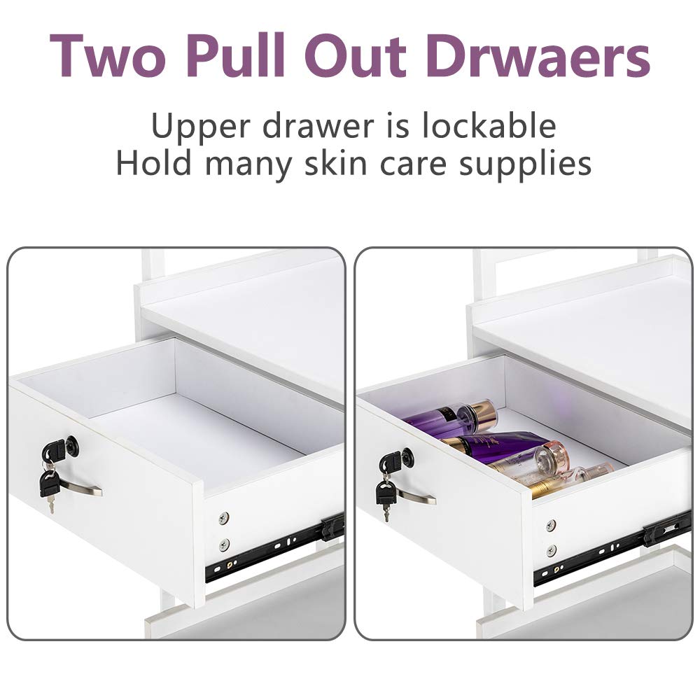 Professional Salon Trolley Cart for Beauty SPA & Massage - White Wooden Rolling Storage Cabinet with 2 Drawers (1 Lockable) - Mobile Utility Station for Estheticians, Tattoo Artists & Medical Supplies - Perfect for Facial Treatments, Waxing & Nail Services