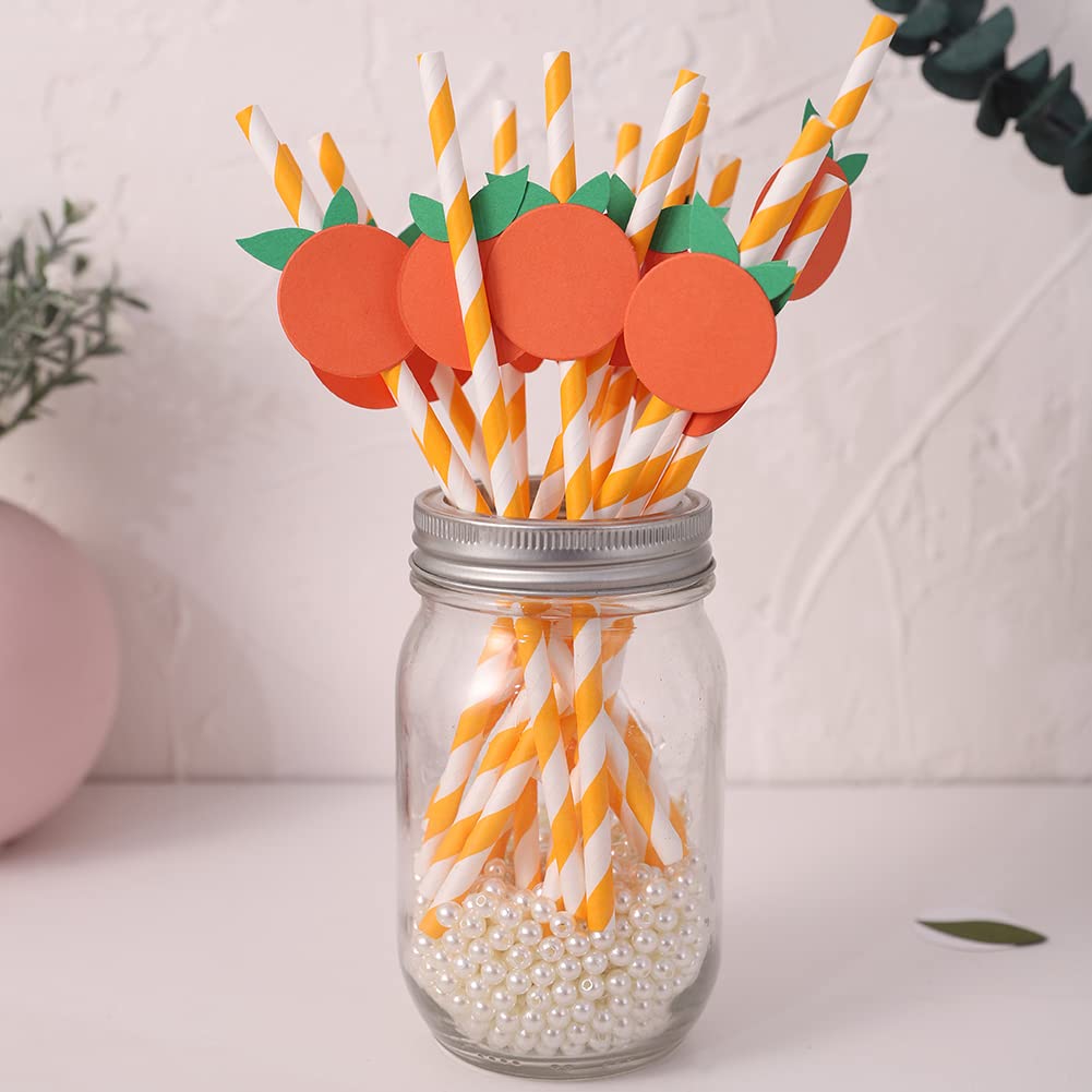 Eco-Friendly Orange Striped Paper Straws - Biodegradable Disposable Drinking Straws (15-Pack) | Perfect for Baby Showers, Birthday Parties & Sustainable Events | Little Cutie Themed Decorations
