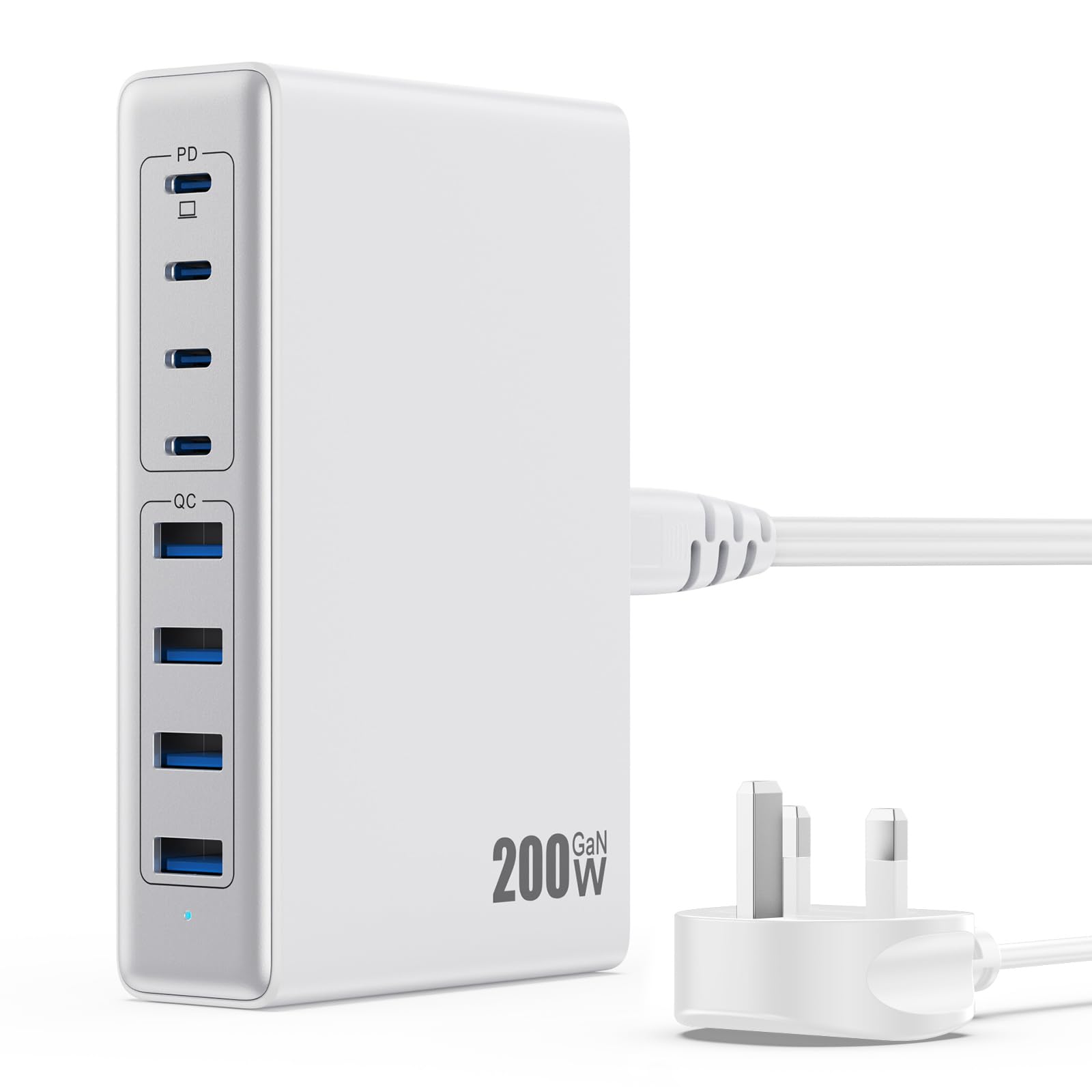 200W GaN III 8-Port USB C Fast Charger Station with QC4.0 & PD 65W - Compatible with MacBook Pro/Air, Dell, iPhone 16 Pro/15, Galaxy S24/S23, iPad - White | Perfect for Home, Office & Travel Charging Multiple Devices Simultaneously