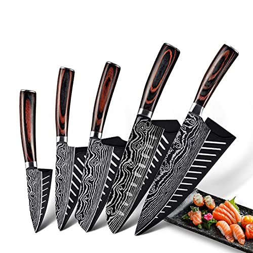 Premium Damascus Steel Knife Set - 5-Piece Professional Chef Knives with Laser Etched Pattern | 5Cr15MoV Stainless Steel Kitchen Cutlery Set for Cooking, Slicing & Food Prep | Ideal for Home Chefs & Culinary Enthusiasts