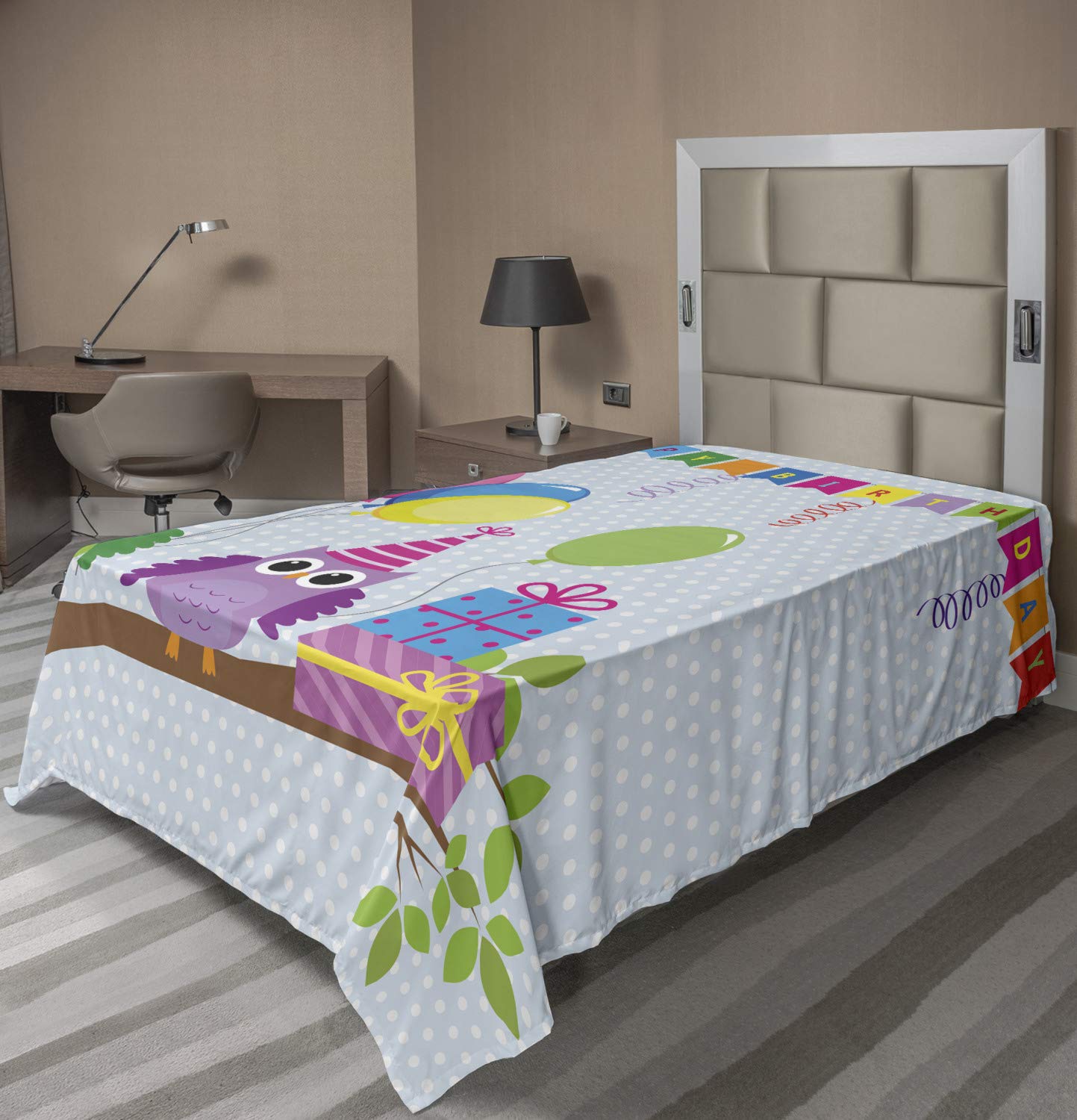 Ambesonne Cartoon Owl Birthday Party Twin Size Flat Sheet - Soft Comfortable Top Bedding with Polka Dot Backdrop, Pale Blue - Perfect for Kids' Room Decor, Themed Parties & Cozy Bedroom Makeovers