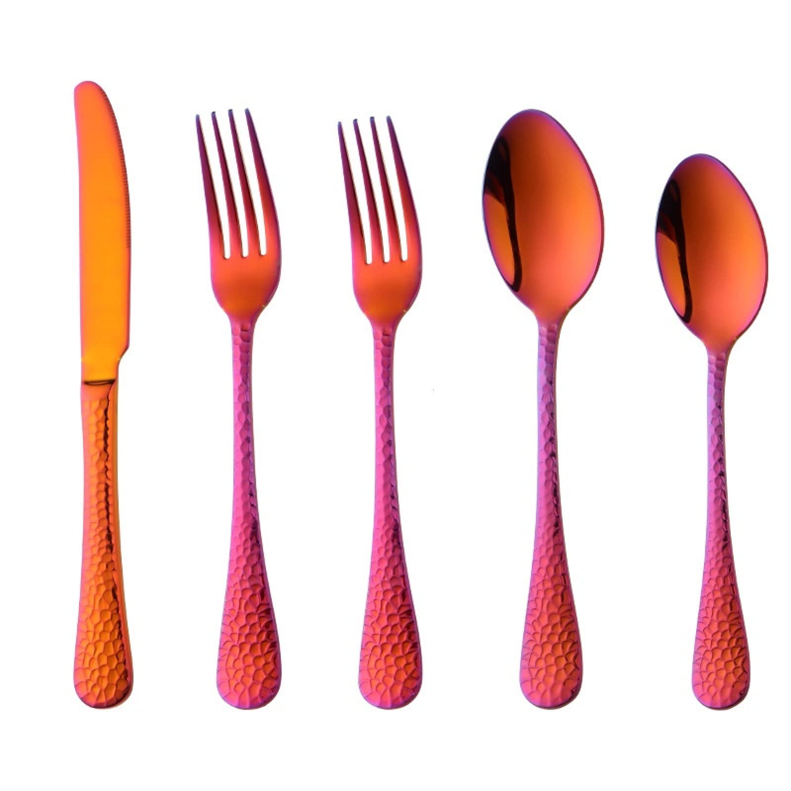 YKPBGQ 5-Piece Stainless Steel Cutlery Set - Gradient Red Knife, Fork & Spoon with D-Shaped Handles for Dining, Kitchen & Party Use