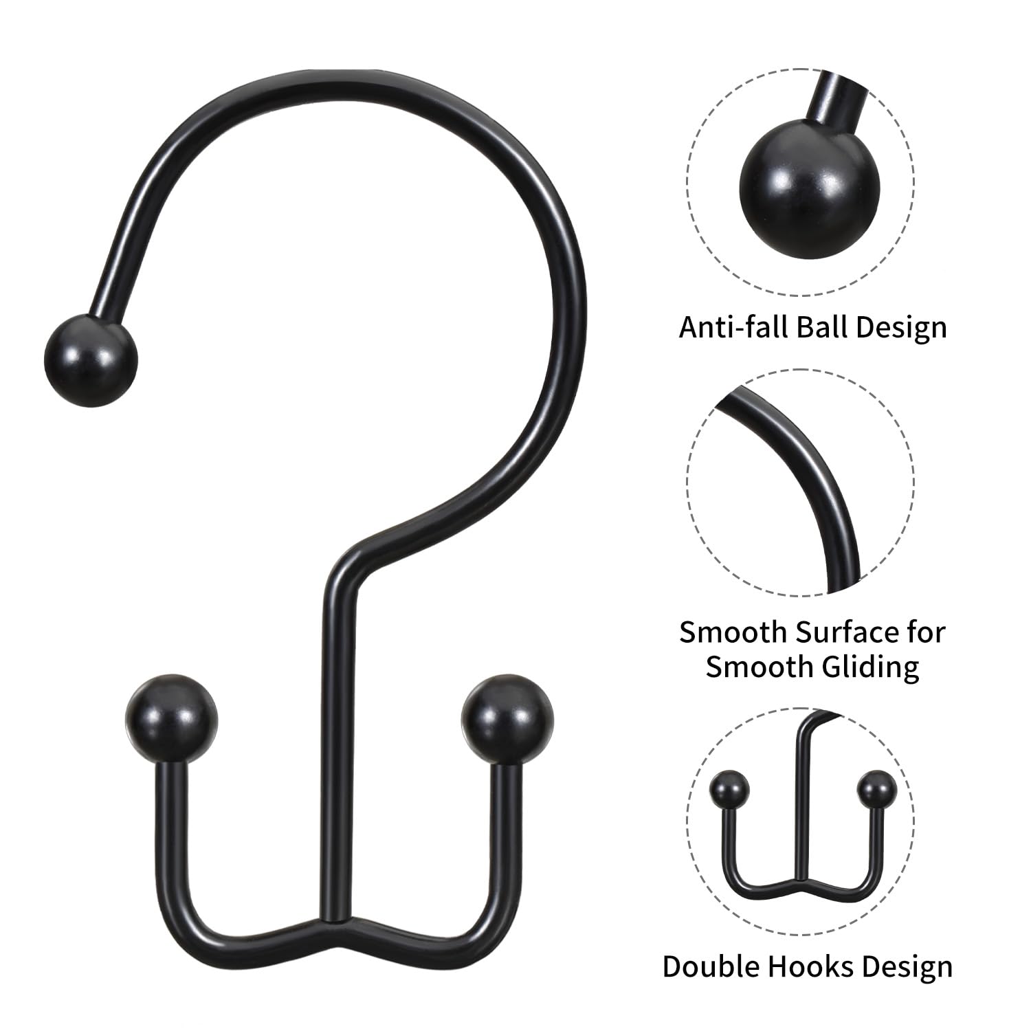 Premium Black Shower Curtain Hooks - 12 Pack Stainless Steel Rustproof Double Rings with Anti-Drop Design for Bathroom Decor | Perfect for Modern Showers, Bathtubs and Spa-Style Bathrooms