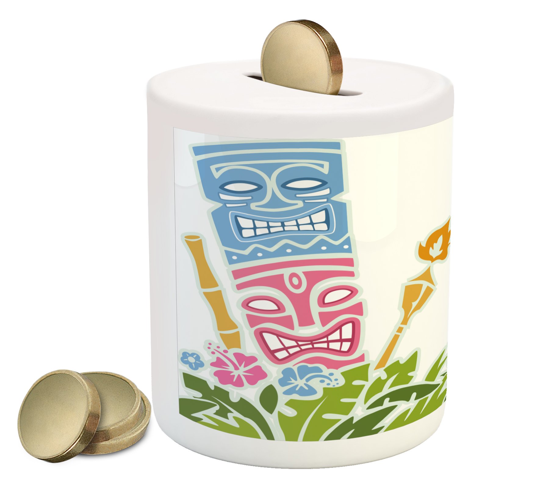 Ambesonne Tiki Bar Ceramic Piggy Bank with Polynesian Hibiscus Flower Design - Money Saving Coin Bank in Pale Blue, Pink & Green | Perfect for Hawaiian Themed Parties, Tropical Home Decor & Unique Gift Ideas