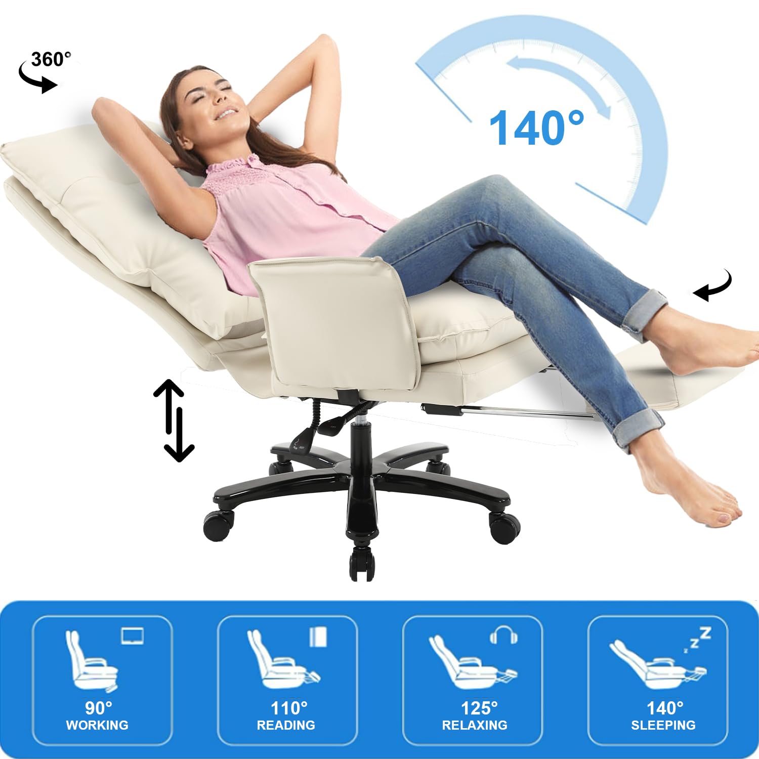 Big and Tall Office Chair for Heavy People Up to 400lbs - Reclining Executive Leather Desk Chair with Footrest & High Back Support - Ergonomic Upholstered Backrest & Seat in Beige - Perfect for Home Office, Gaming, and Long Work Sessions