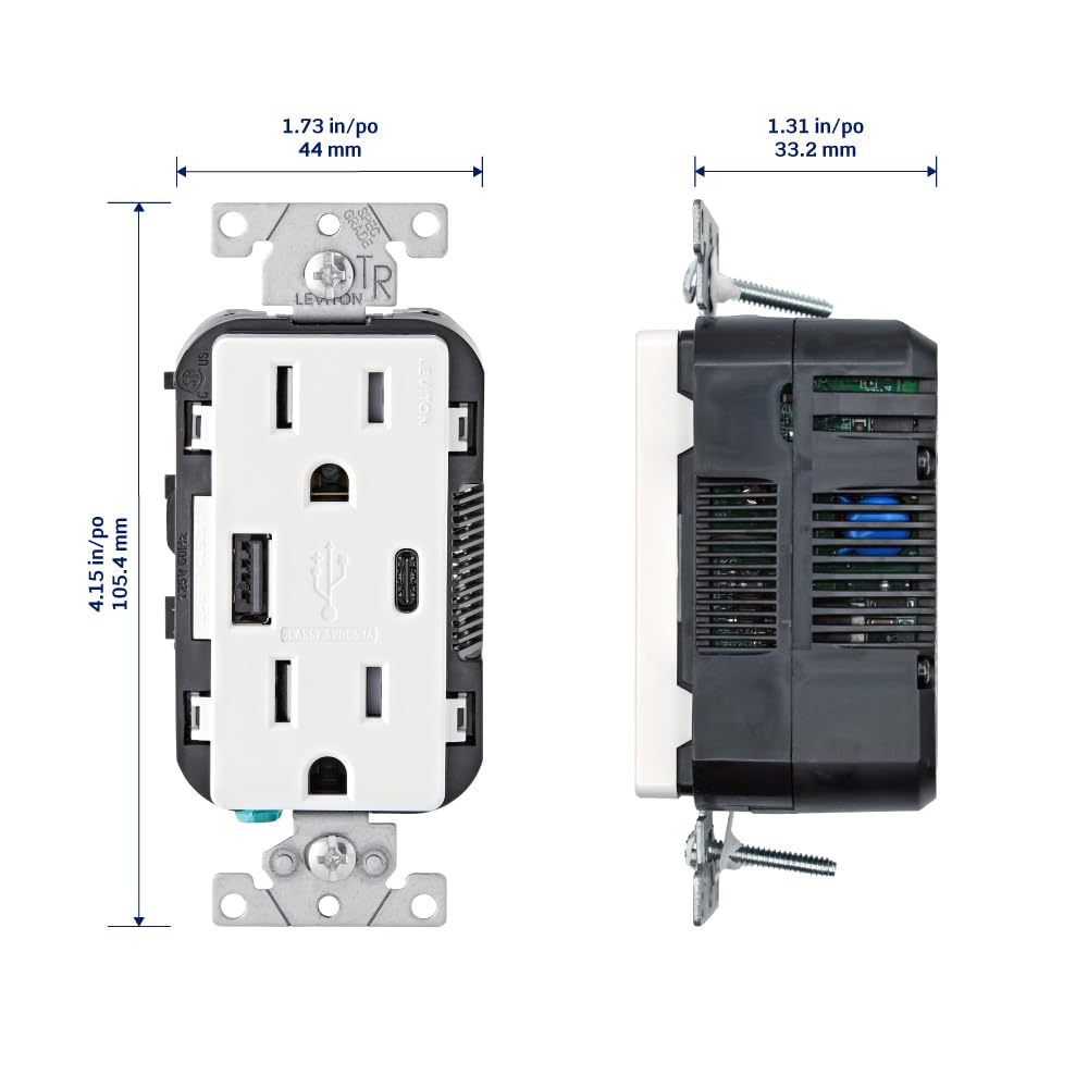 Leviton T5633-W 15A Tamper-Resistant USB Wall Outlet - Dual Type A & Type C Charger for iPhone, Android Smartphones & Tablets | White In-Wall Charging Station for Home, Office & Hotel Use