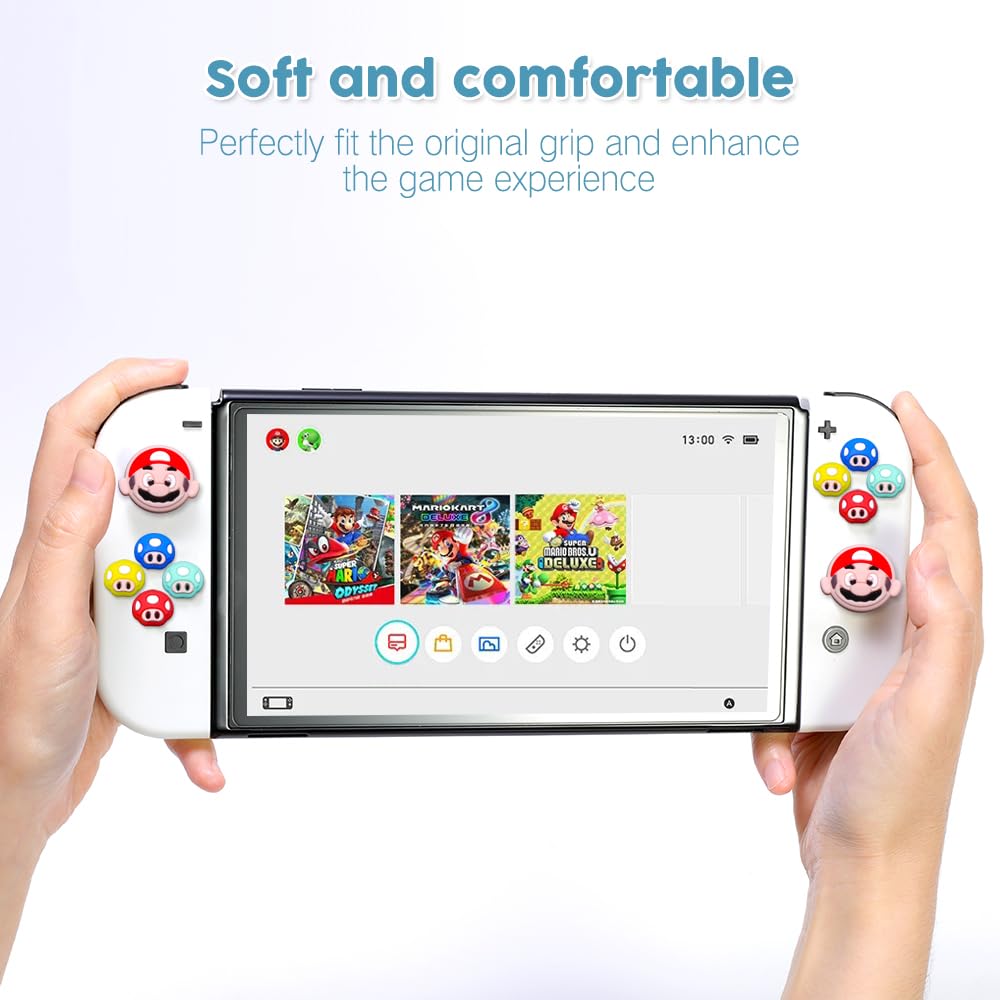 PERFECTSIGHT Mushroom D-Pad Button Caps & Silicone Thumb Grips Set for Nintendo Switch/Switch OLED - Cute ABXY Key Buttons Sticker & Joystick Cover Caps for Mario Fans | Gaming Accessories for Enhanced Comfort & Grip During Play