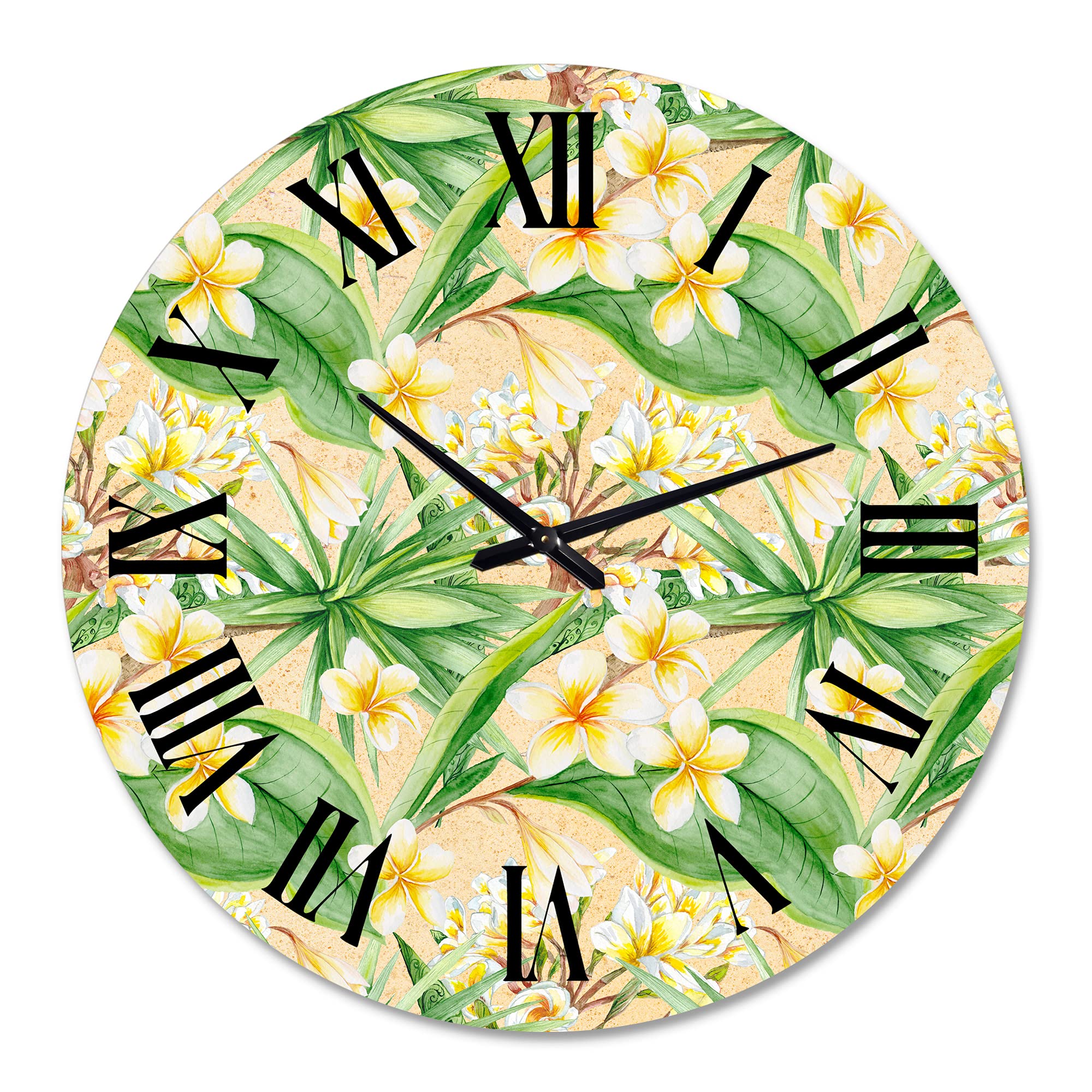 Tropical Foliage & Yellow Flowers Wall Clock - Large Modern Botanical Decor for Living Room, Bedroom & Office | Silent Non-Ticking Home Decoration