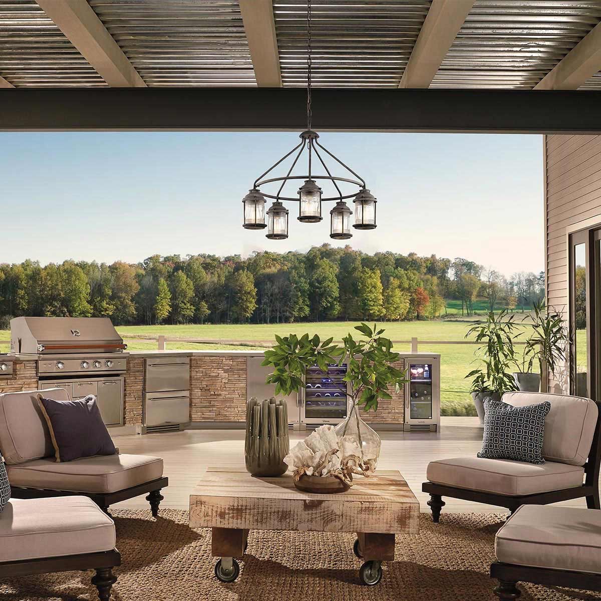 Ashland Bay 5-Light Outdoor Chandelier in Burnished Bronze & Weathered Zinc - IP44 Rated, E27 Socket - Perfect for Patio, Garden & Porch Lighting
