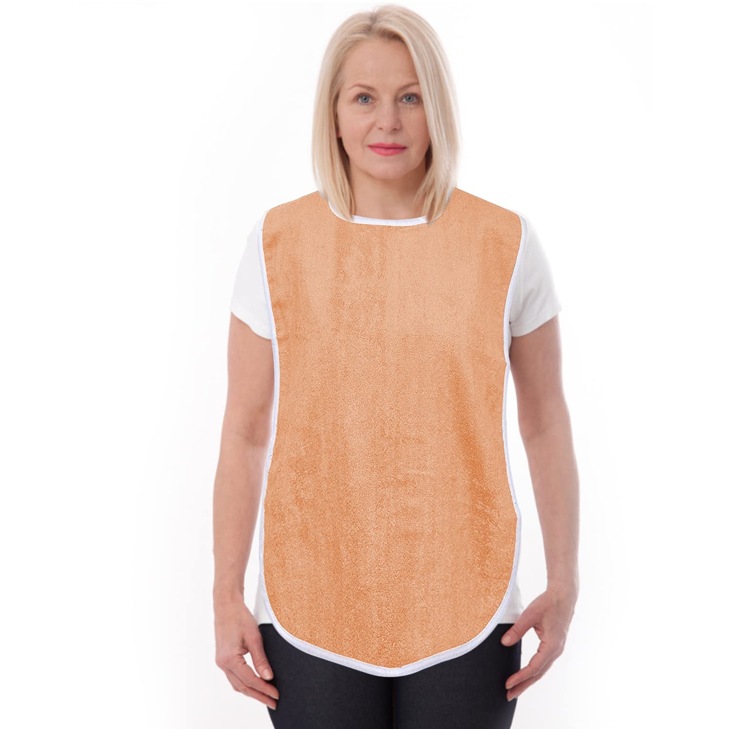 6 Pack Terry Adult Bibs with Velcro Closure - Soft Peach Color for Elderly Care, Dementia Patients & Mealtime Protection - Washable & Comfortable for Daily Use