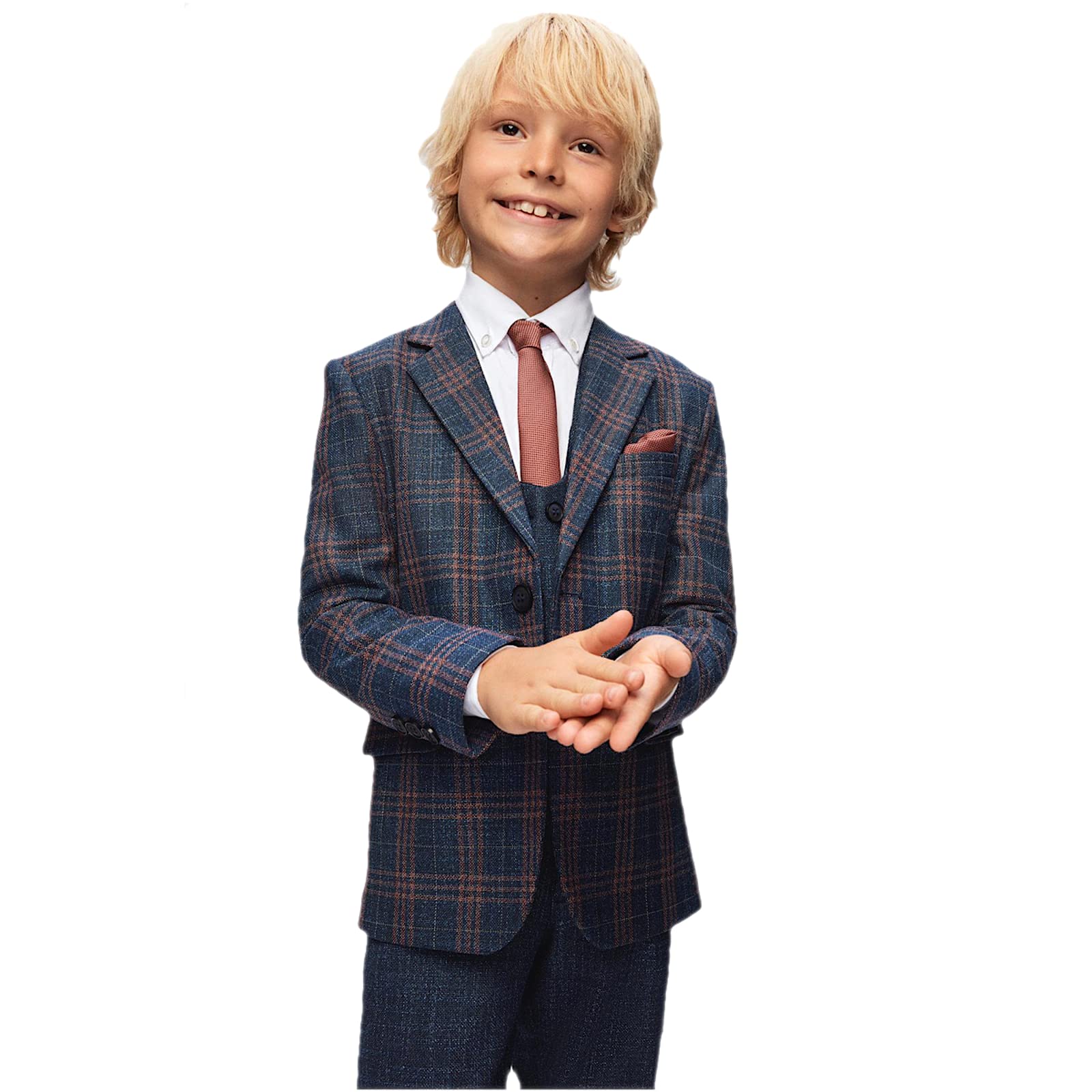 Boys Blue 6-Piece Formal Suit Set - Plaid Velvet Tuxedo with Glitter Paisley Design for Weddings, Prom & Special Occasions (Ages 1-16 Years) | Perfect for Page Boys, Ring Bearers & Formal Events