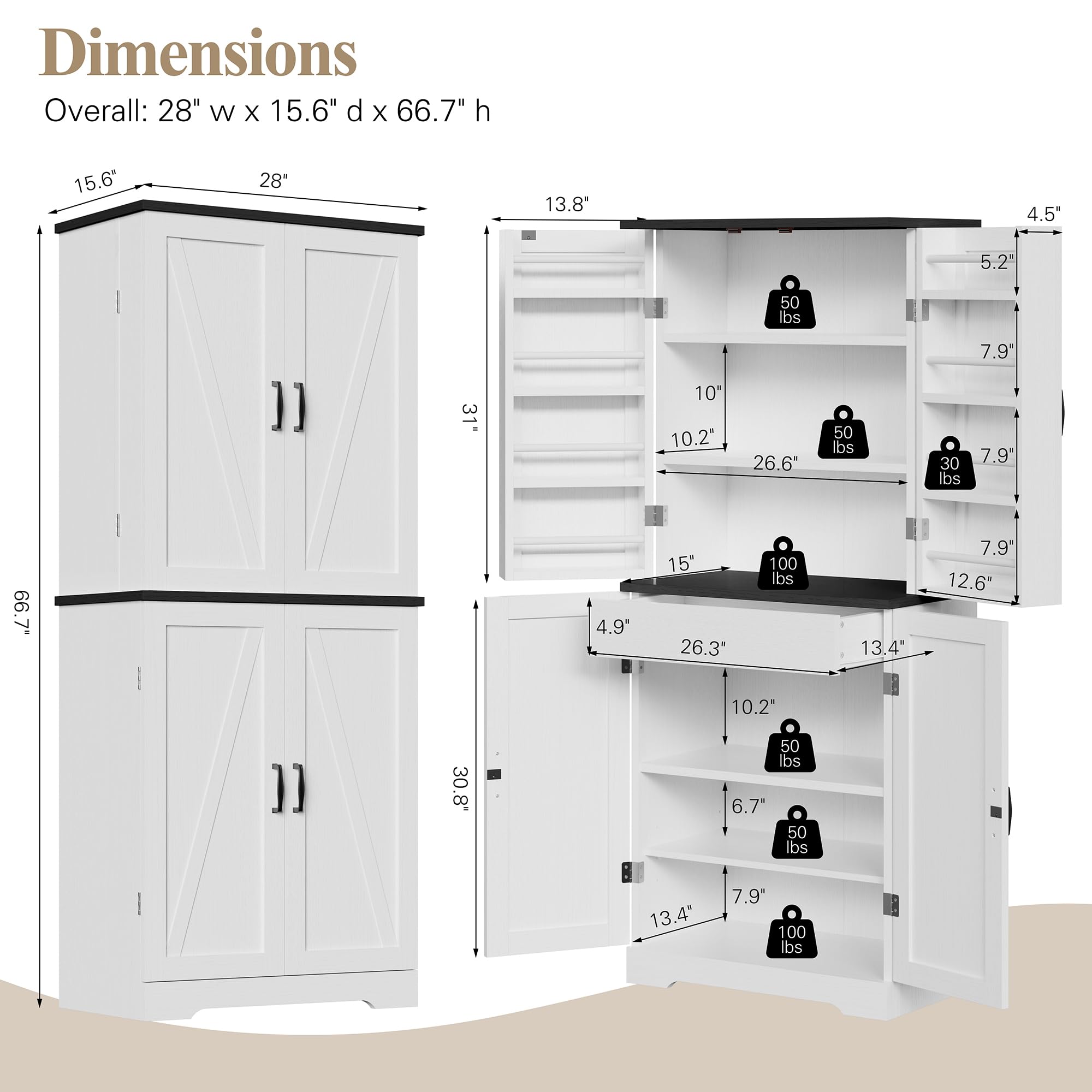 Rustic 6-Tier Wood Pantry Storage Cabinet with Barn Doors, Drawer & Adjustable Shelves - White Kitchen Cupboard for Dining Room, Living Room, Bathroom | Perfect for Organizing Spices, Dishes & Home Essentials