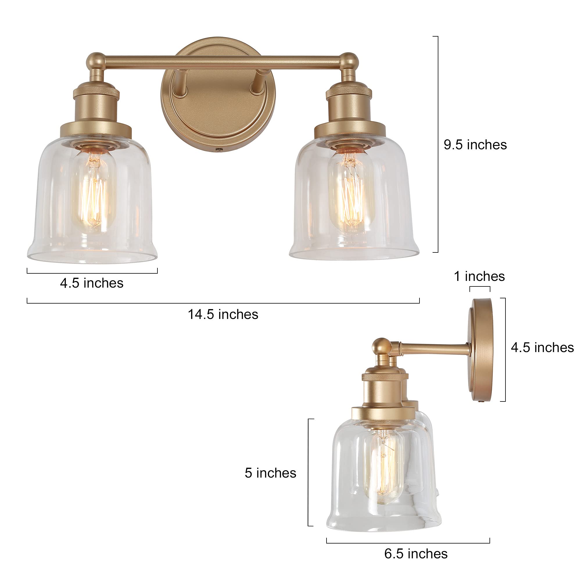 Modern Gold Vanity Light Fixture - 2 Light Bathroom Sconce with Clear Glass Shade, Elegant Gold Finish for Bathroom, Hallway, Bedroom & Living Room - 14.5