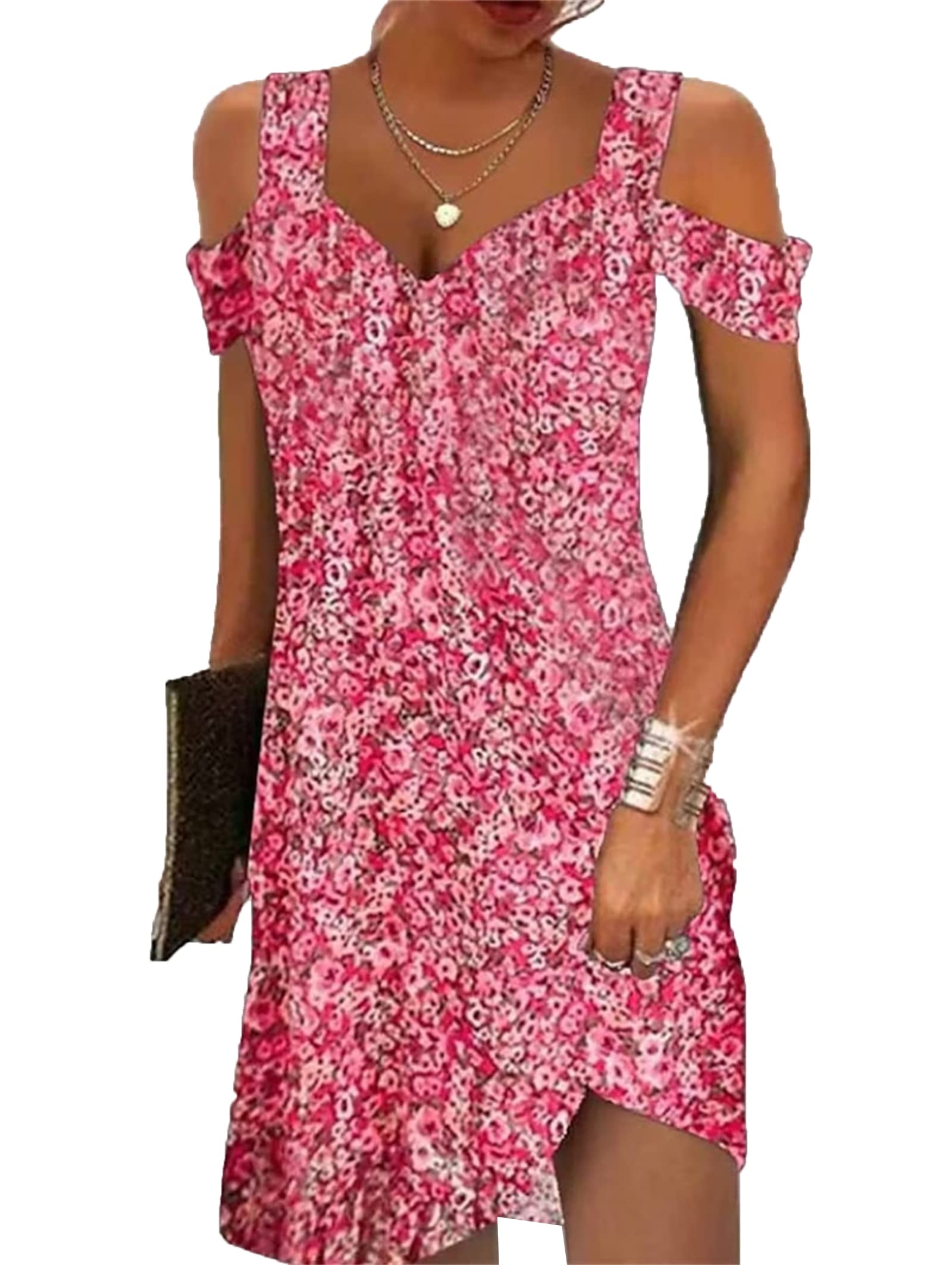 2025 Trendy Women's Summer Casual Cold Shoulder Boho Dress - Floral Tribal Marble Print V-Neck Mini Dress for Beach, Party & Vacation | Ethnic Style Fashion
