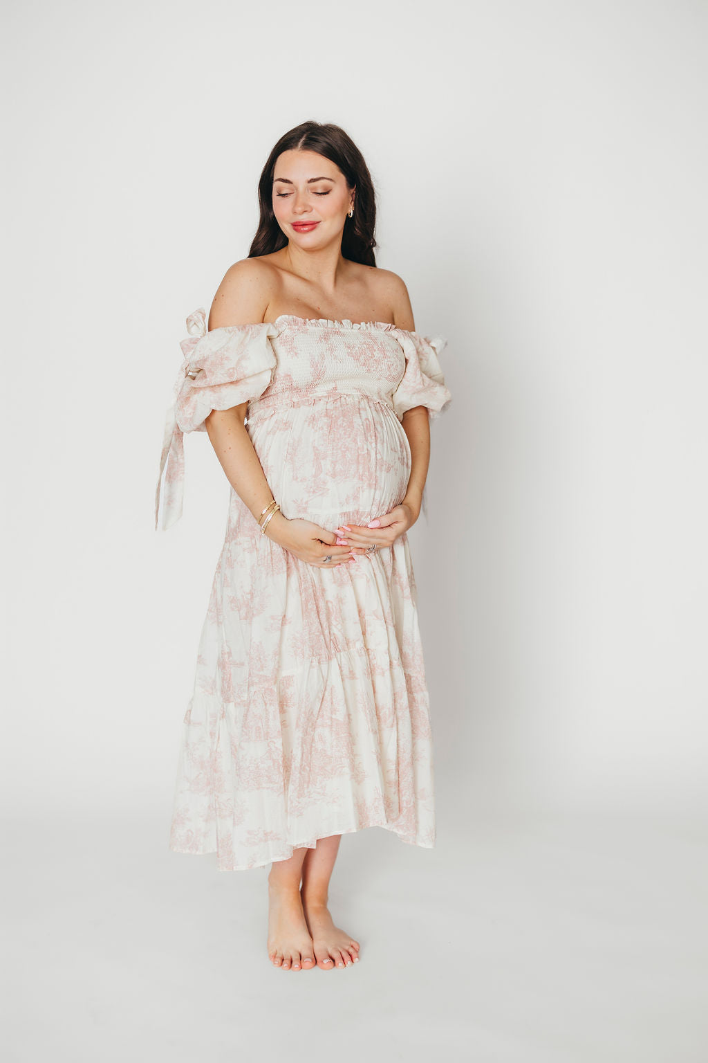 Elena 100% Cotton Toile Print Smocked Midi Dress - Bump Friendly Maternity Dress in Pink | Perfect for Baby Showers, Summer Weddings & Casual Outings *PRE ORDER*