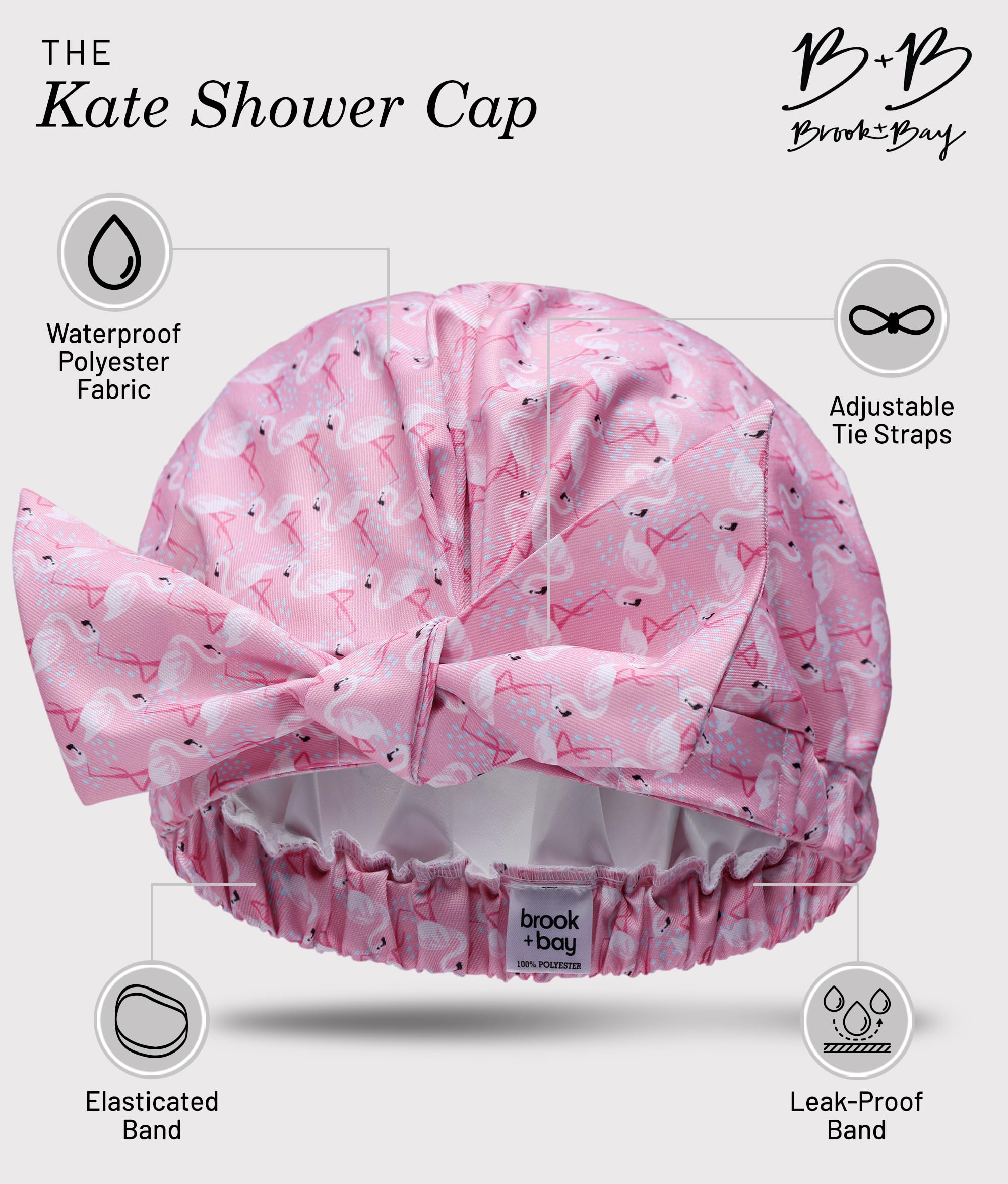 Brook + Bay Adjustable Waterproof Shower Cap with Bow - Reusable Bath & Swim Hair Protector for Women - Perfect for Showering, Swimming & Salon Visits