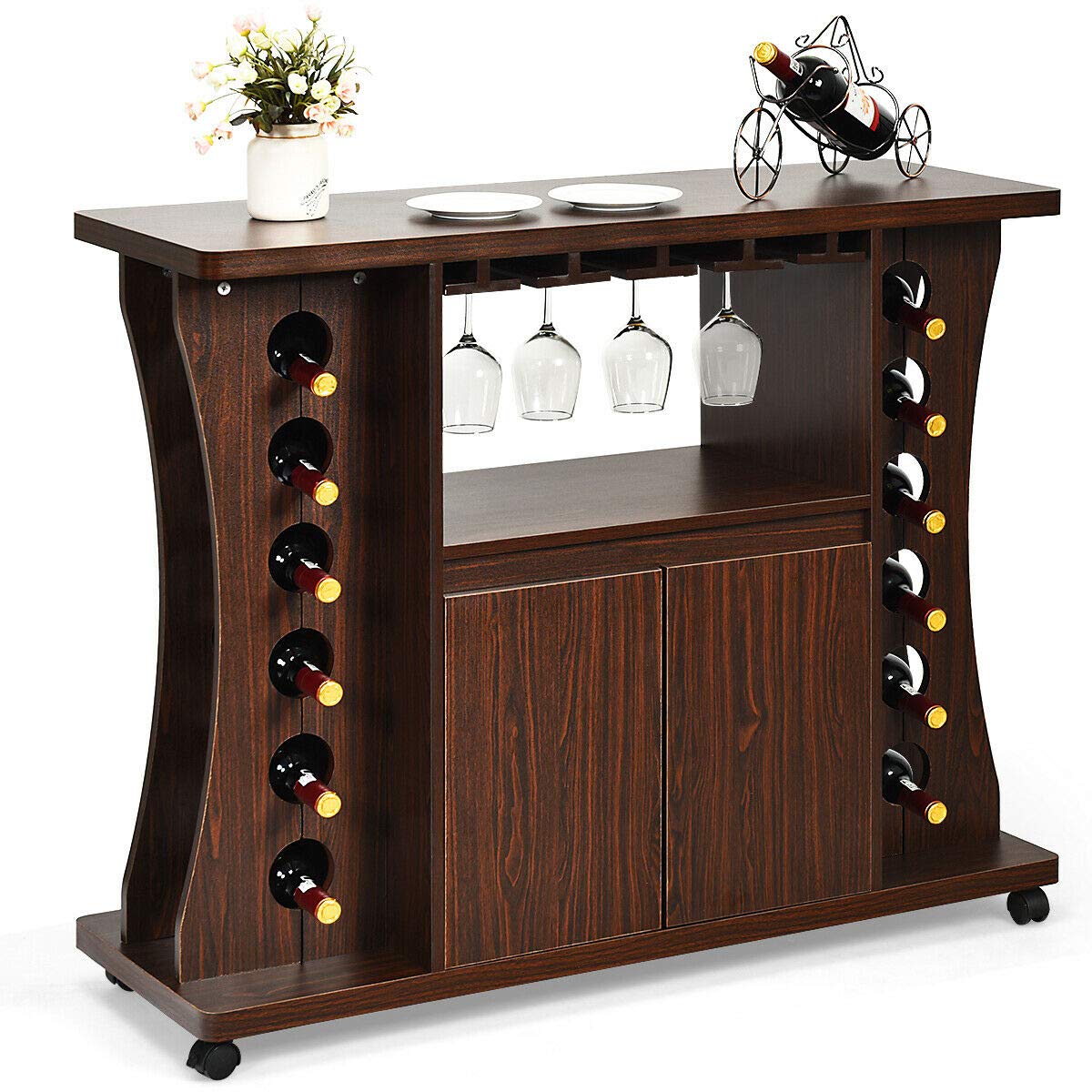 Rolling Buffet Sideboard Kitchen Cart with 12-Bottle Wine Rack & Glass Holder - Bar Storage Cabinet for Kitchenware, Supplies & Spacious Countertop - Perfect for Dining Room, Kitchen Organization & Home Entertaining