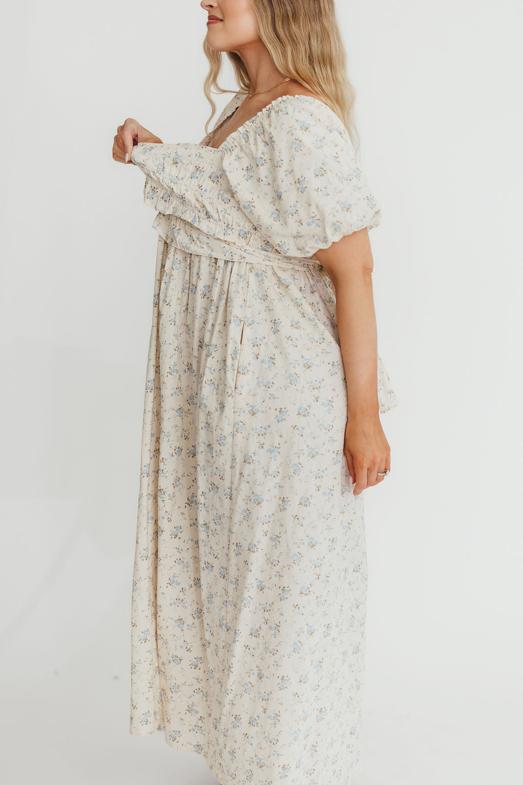 Finley 100% Cotton Peplum Midi Dress - Ivory & Blue - Bump & Nursing Friendly Maternity Dress for Pregnancy & Breastfeeding | Perfect for Casual Outings, Baby Showers & Nursing Dates