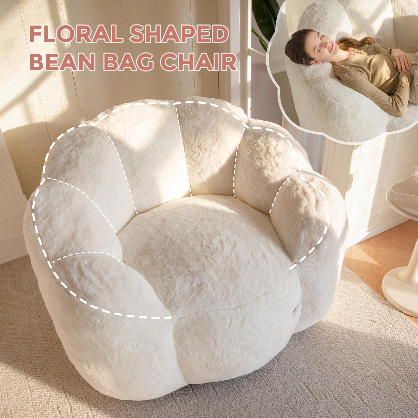 MAXYOYO Floral Bean Bag Chair - Ultra Soft Faux Fur Petal Back Sofa for Adults, Single Size Beige | Cozy Lounge Chair for Living Room, Bedroom & Game Room Relaxation