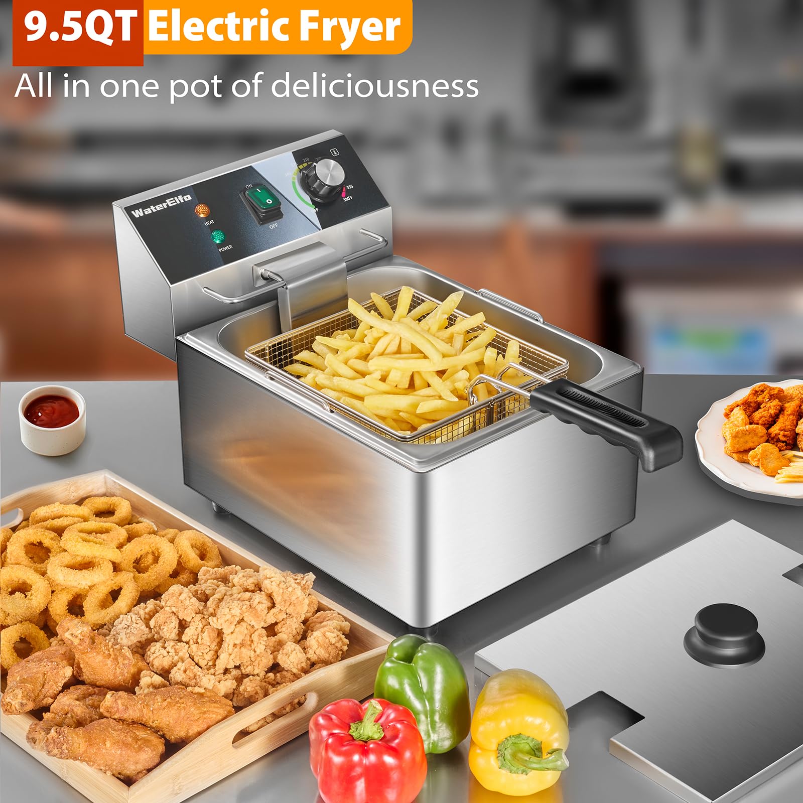 9L/9.5QT Commercial Deep Fryer with Basket - 1800W Stainless Steel Electric Fryer with Thermostat for Home & Restaurant Use - Perfect for Kitchens, Dining Rooms & Catering Events (120V)