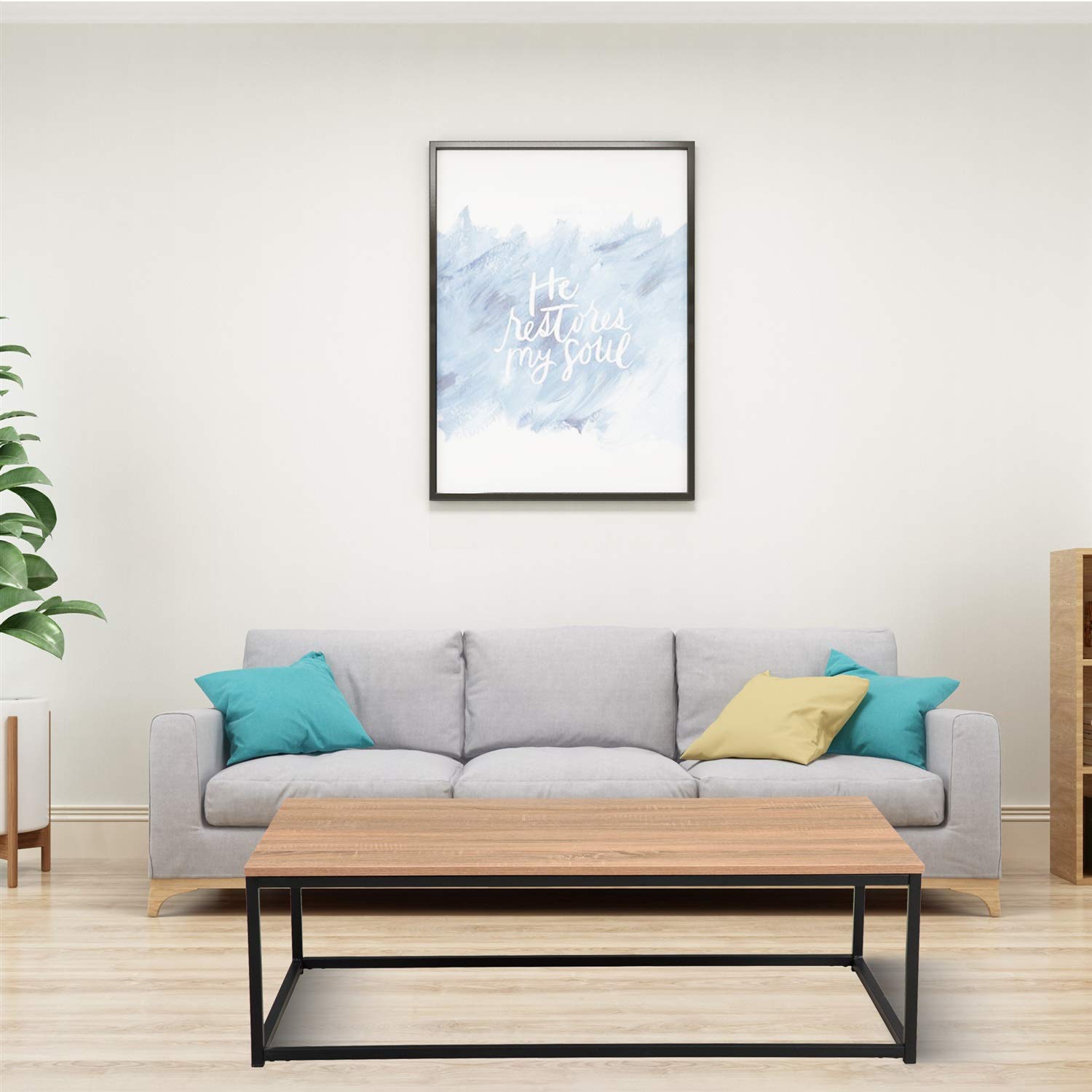 Mid Century Modern Oak Coffee Table - Industrial Style Cocktail Table with Wood Top & Metal Frame for Living Room, Bedroom, Kitchen or Restaurant - Durable Accent & Dining Table