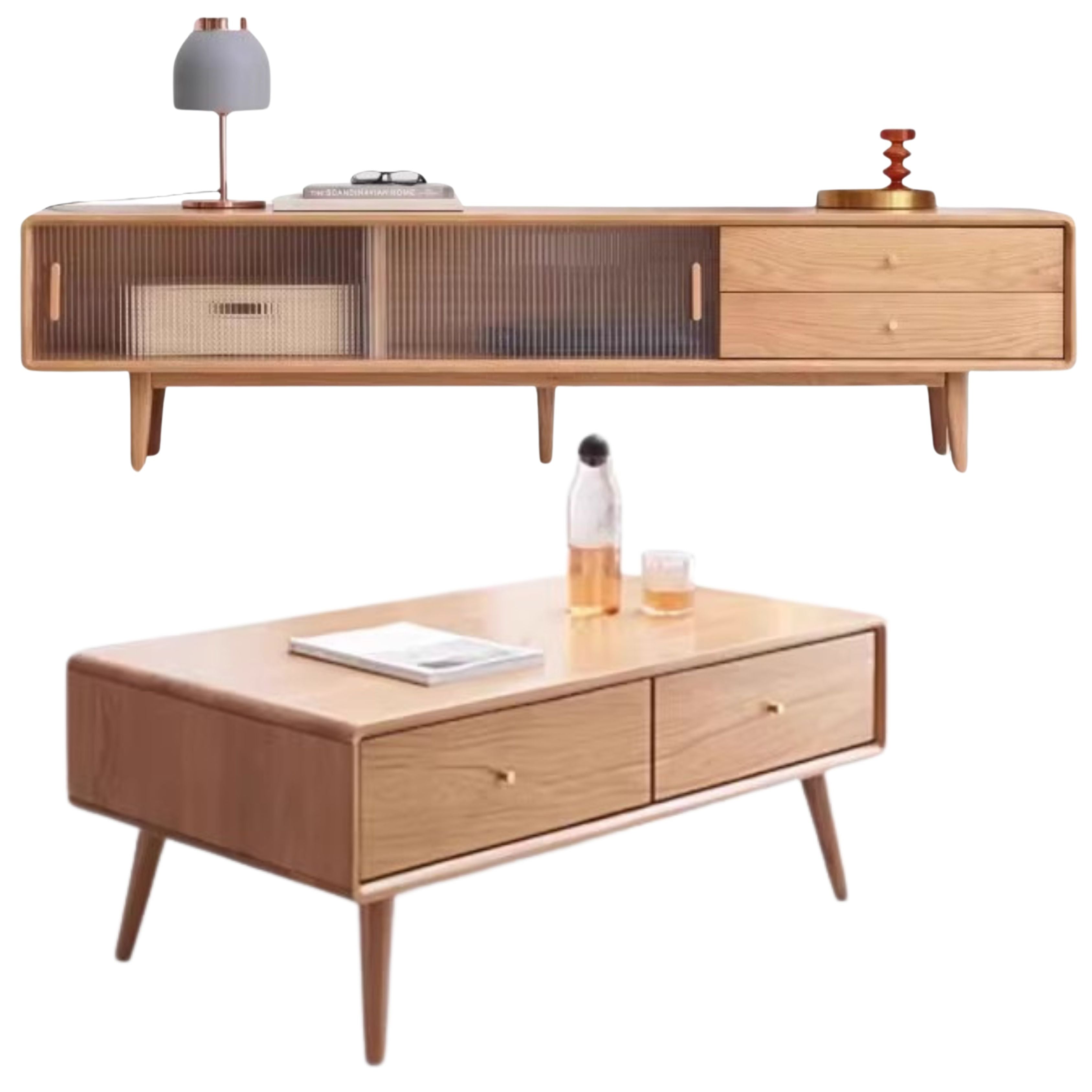 70.9x13.8x17.7 inch / 180x35x45сm / Natural Wood Color/Oak sliding door double drawer without light+ 1.2m coffee table WORLDWIDE SHIPPING 5-6 WEEKS