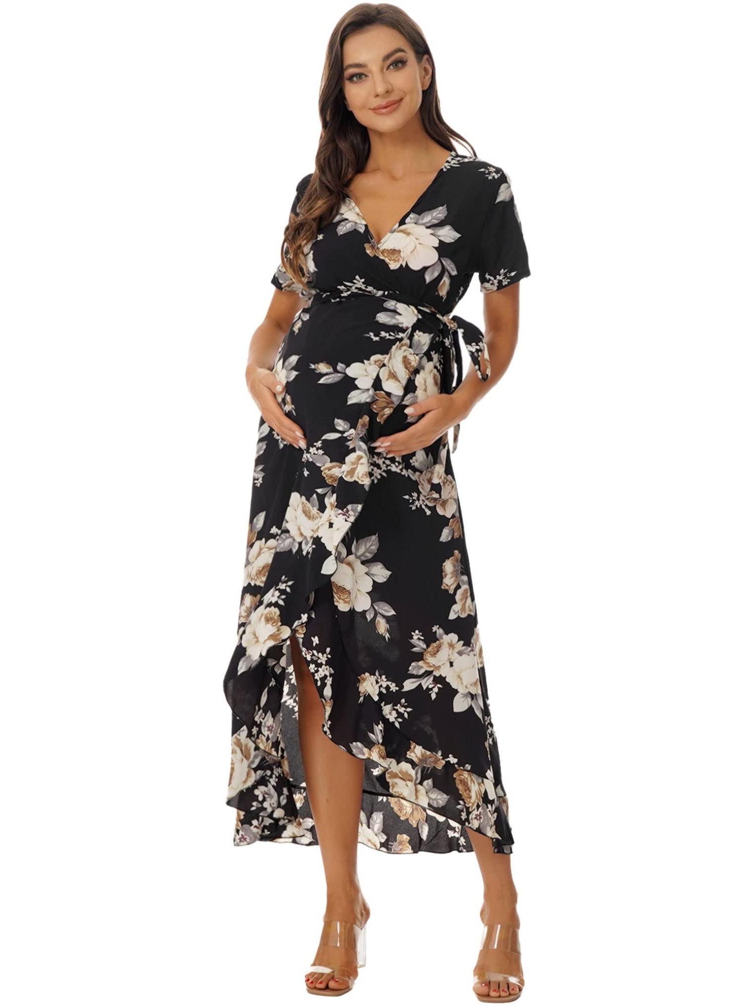 Freebily Women's Maternity Photography Dress - Bohemian Floral Wrap V-Neck Short Sleeve Dress with Belt for Pregnancy Photoshoot & Baby Shower