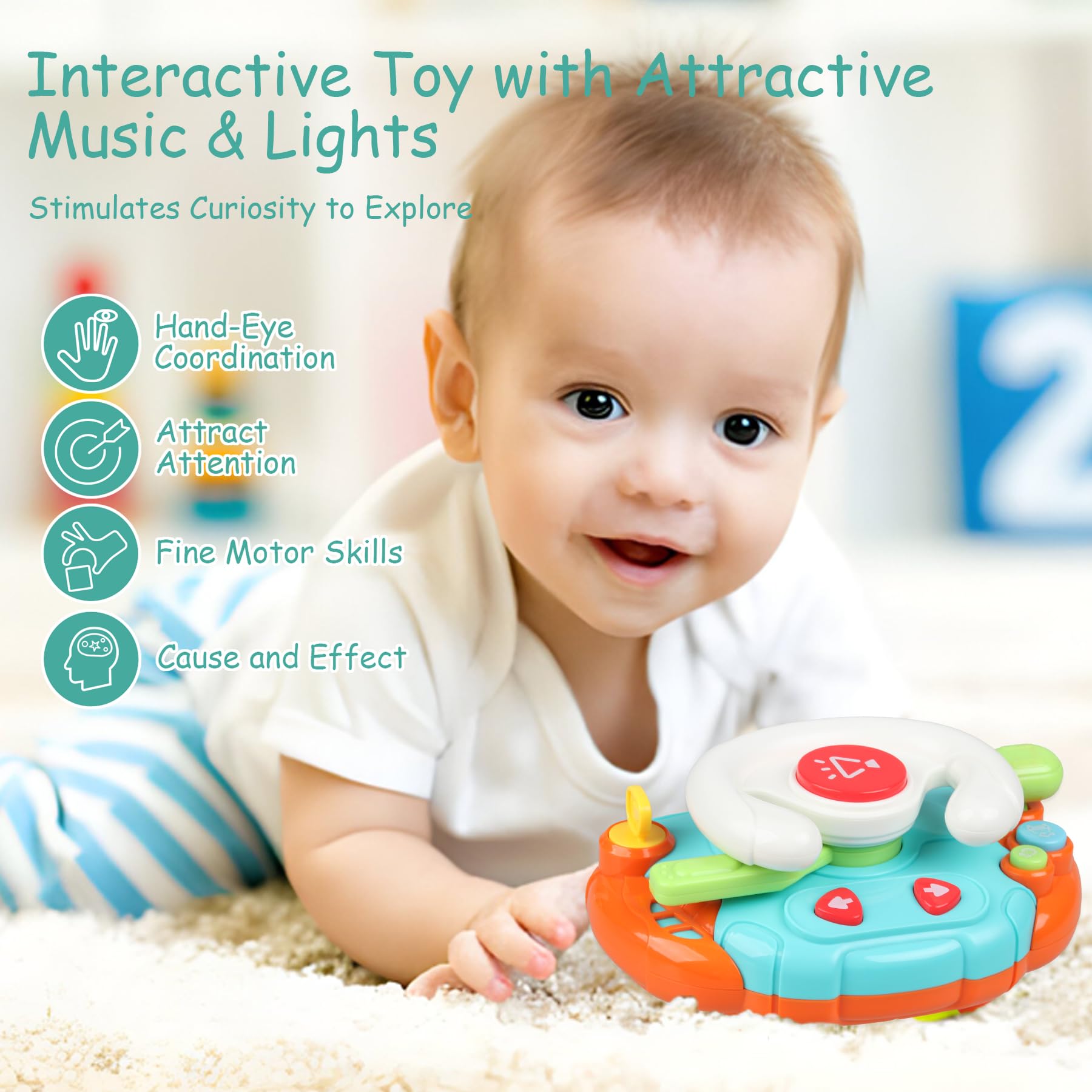 Montessori Baby Sensory Learning Toys with Sound & Light - Interactive Steering Wheel Music Toy for Infants 6-18 Months - Toddler Travel Activity & Shower Gift for 1-3 Year Old Boys Girls - Perfect for Car Rides, Early Learning & Developmental Play