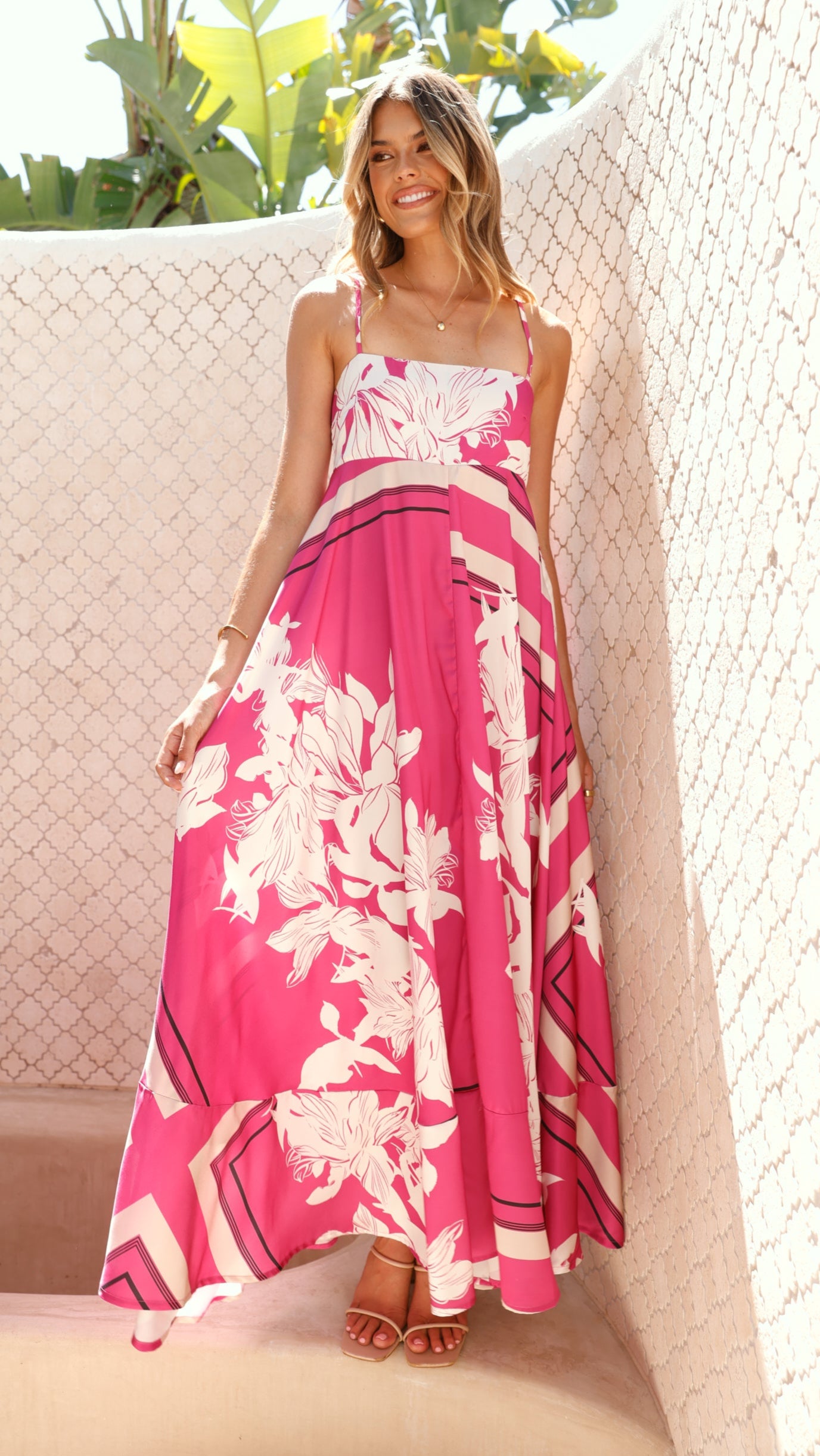 Kaethe Maxi Dress - Flowy Hot Pink Floral Print Summer Dress for Women | Perfect for Beach Vacations, Parties & Casual Outings