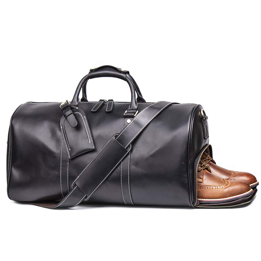 Premium Genuine Leather Travel Duffle Bag for Men - Vintage Retro Carry-On Hand Luggage (Black) - Ideal for Business Trips, Gym, Weekend Getaways & Airplane Travel