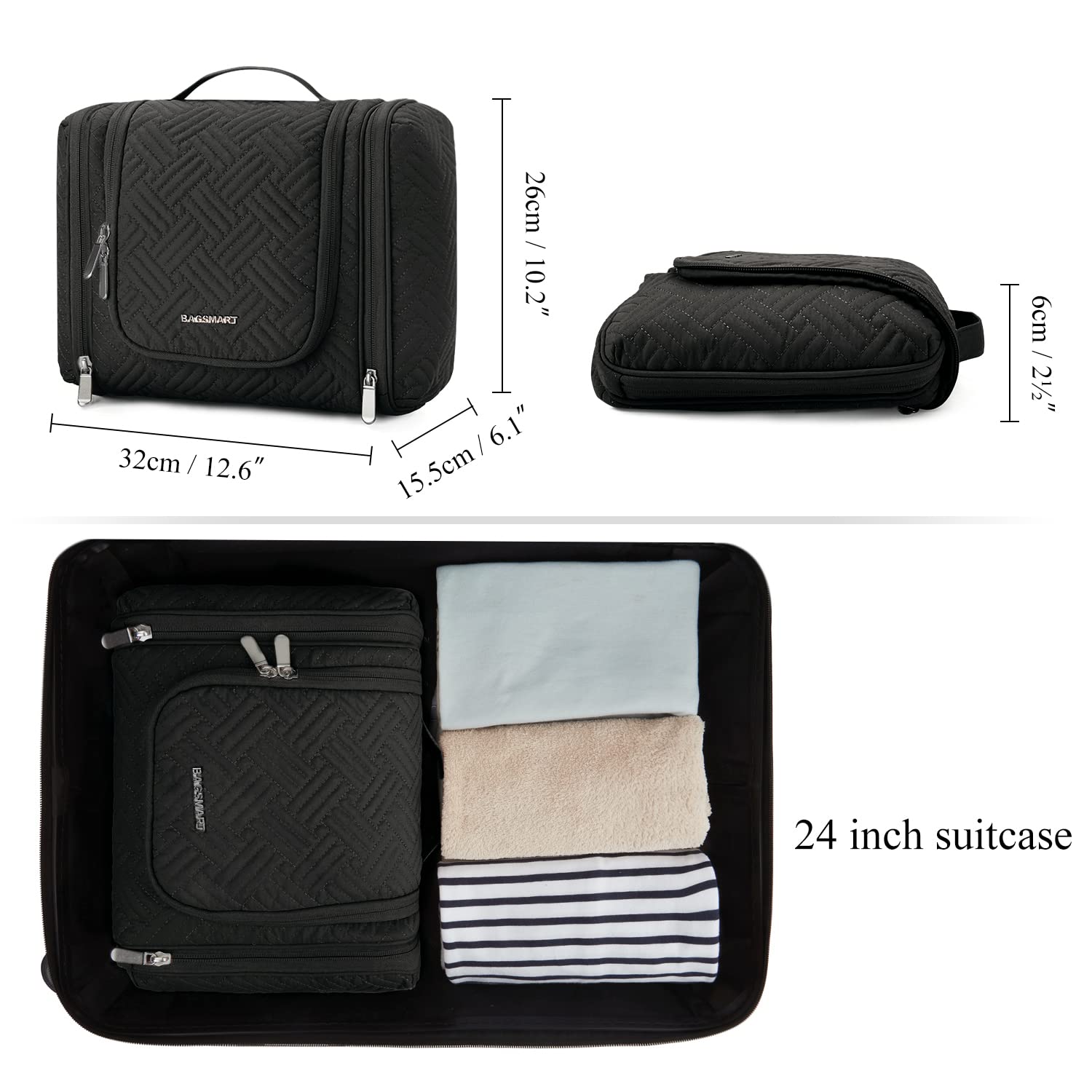 BAGSMART Large Water-Resistant Hanging Toiletry Bag for Men - Travel Cosmetic & Shaving Organizer with Hook - Fits Full-Sized Containers, Shampoo, Toiletries (Black, Large) - Perfect for Business Trips, Gym & Vacation Packing
