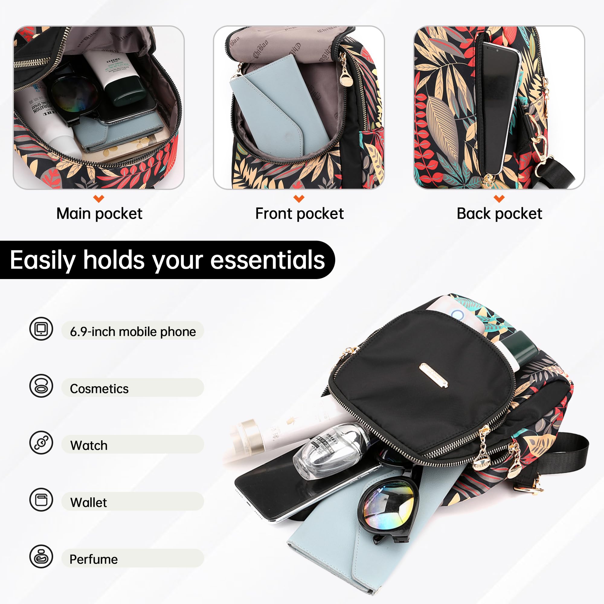 DIRRONA Women's Small Backpack - Stylish Crossbody Purse for Travel, Work & Outdoor | Cute Shoulder Bag with Nylon Printed Design | Perfect for Camping, Hiking & Daily Use (Black)