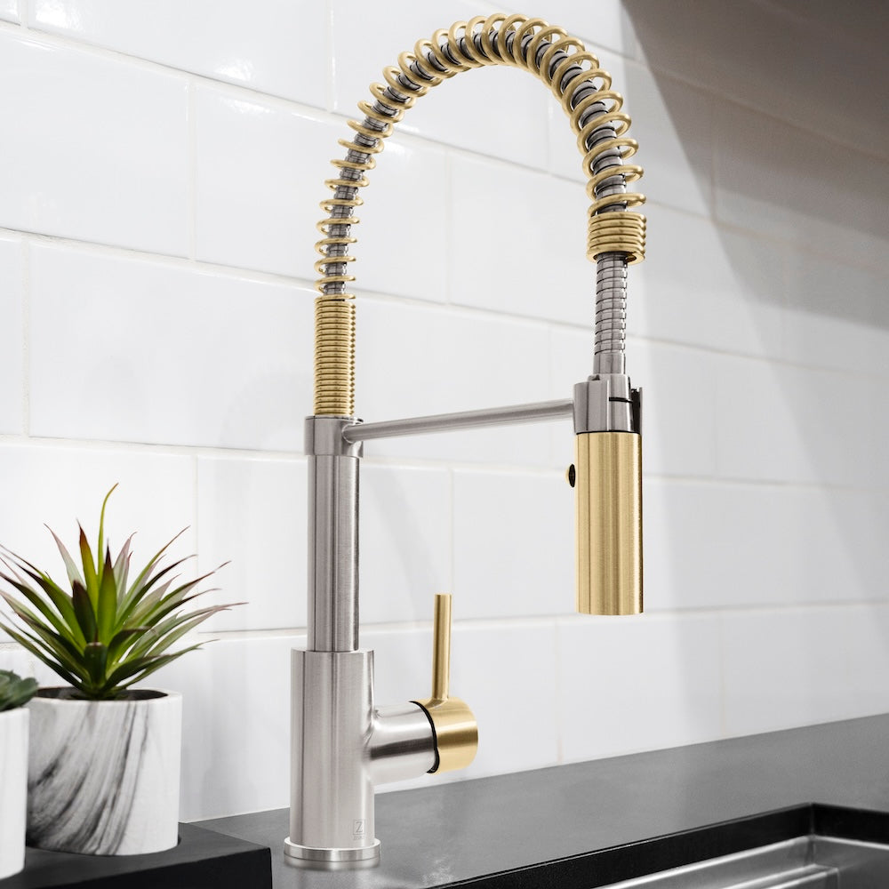 ZLINE Autograph Edition Sierra Pull Down Spring Single Handle Kitchen Faucet - Brushed Nickel & Champagne Bronze Finish - Perfect for Modern Farmhouse & Commercial Style Kitchens (SRA KF ZBNCB)