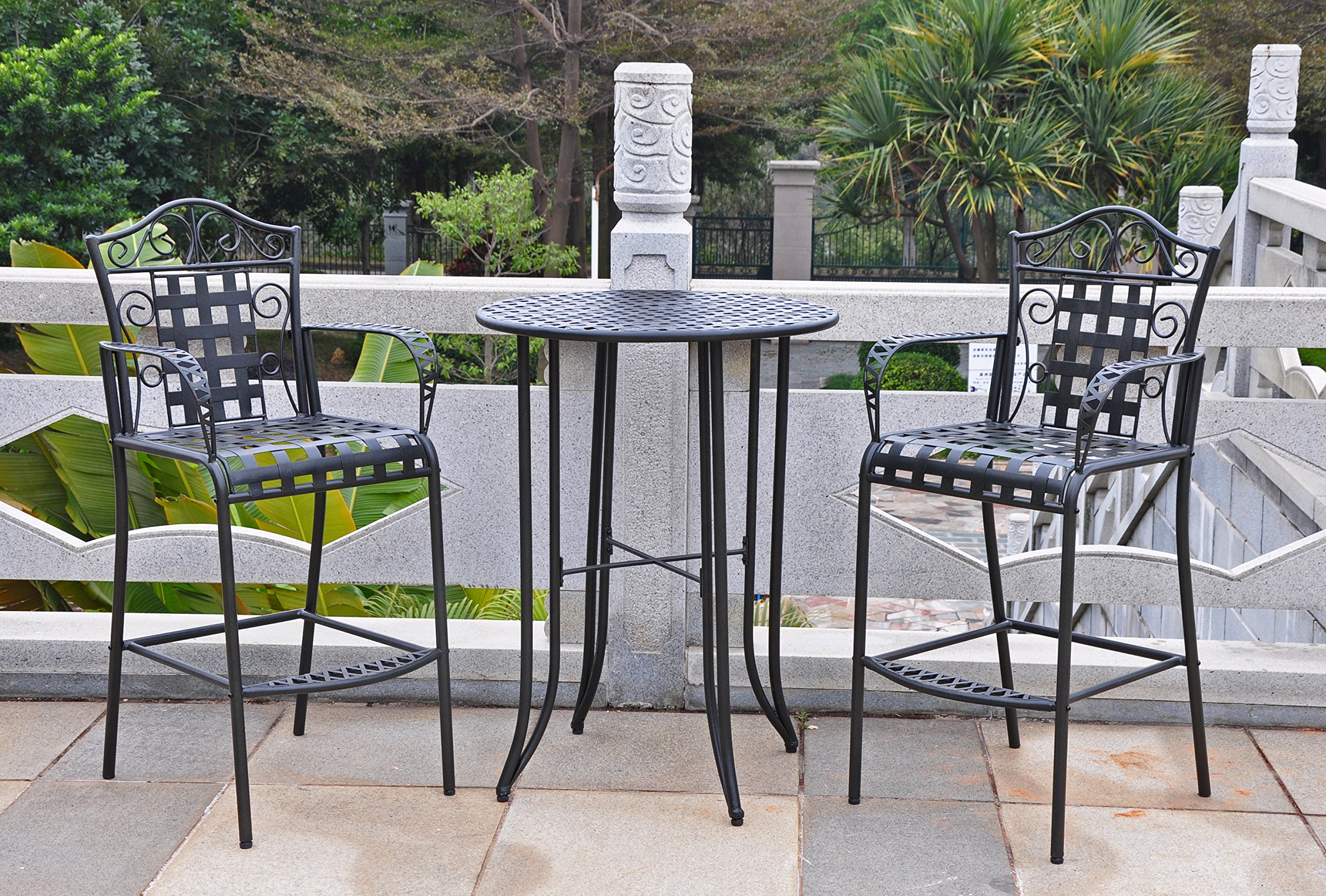 Iron 3-Piece Bar Height Patio Bistro Set - Hammered Bronze Finish - Outdoor Dining & Bar Table with Stools - Perfect for Garden, Balcony, and Backyard Relaxation