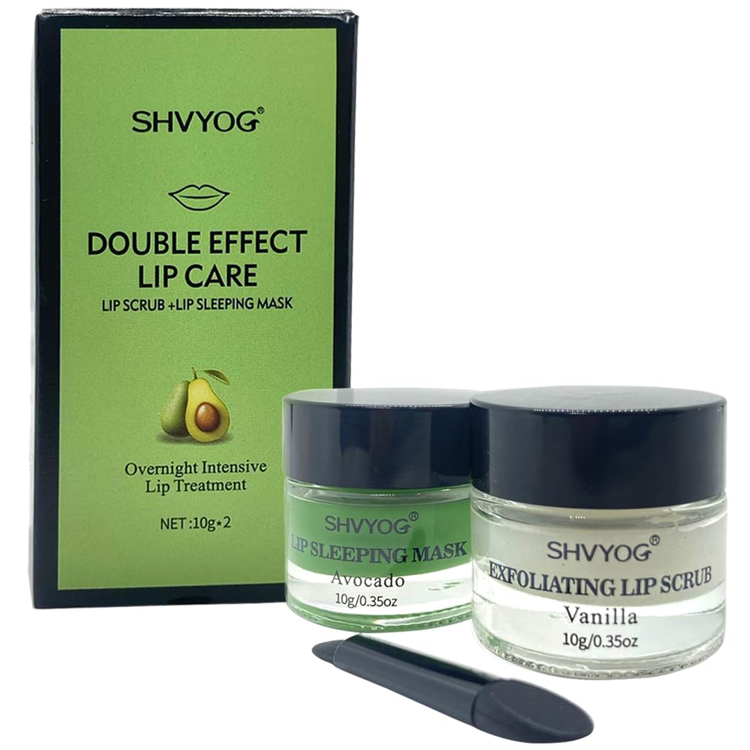 Double Effect Lip Care Set - Vanilla Lip Scrub & Avocado Overnight Lip Mask for Dry, Chapped Lips | Exfoliating & Moisturizing Treatment | Perfect for Night Routine & Winter Lip Care
