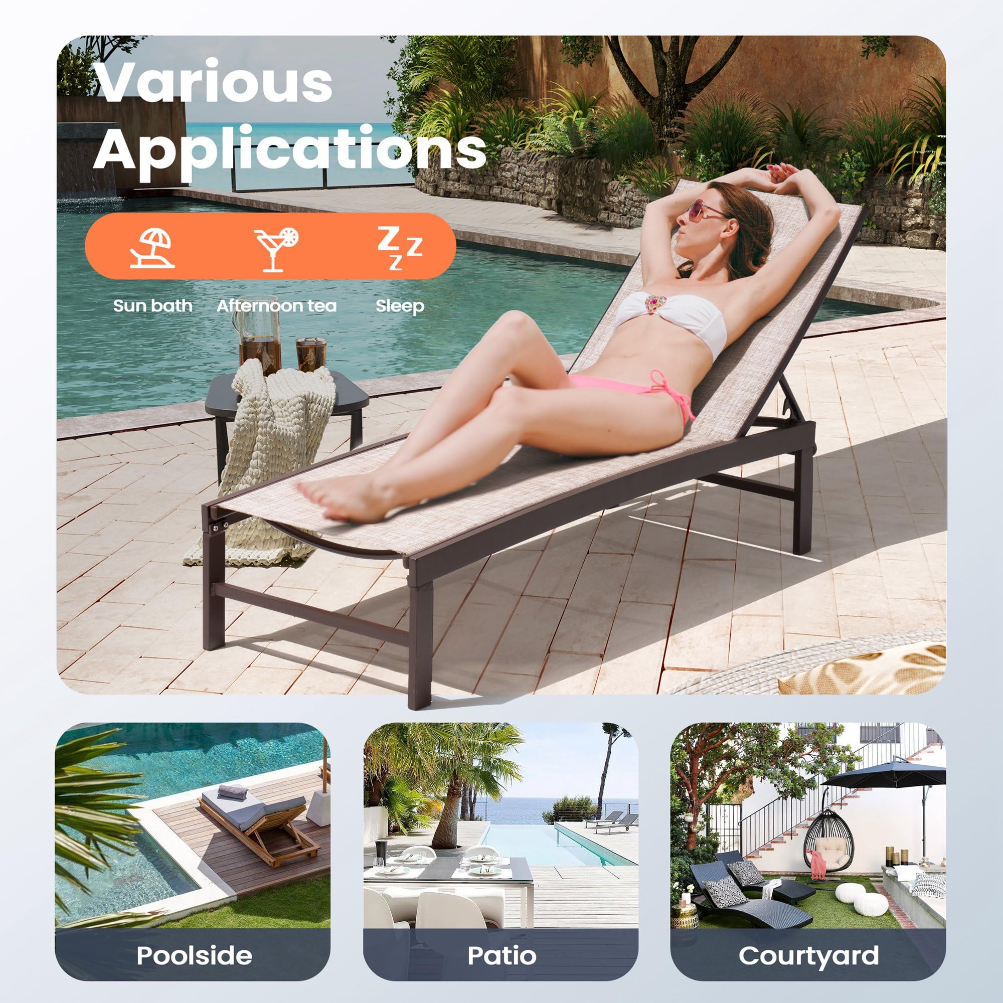 Pellebant Outdoor Lounge Chairs Set of 2 - Patio Aluminum Chaise Lounge Chairs with Adjustable Backrest, Rustproof Poolside Sunbathing Chairs for Deck, Garden, Beach (2-Piece, Beige) | Perfect for Backyard Relaxation, Poolside Lounging & Outdoor Sunbathing