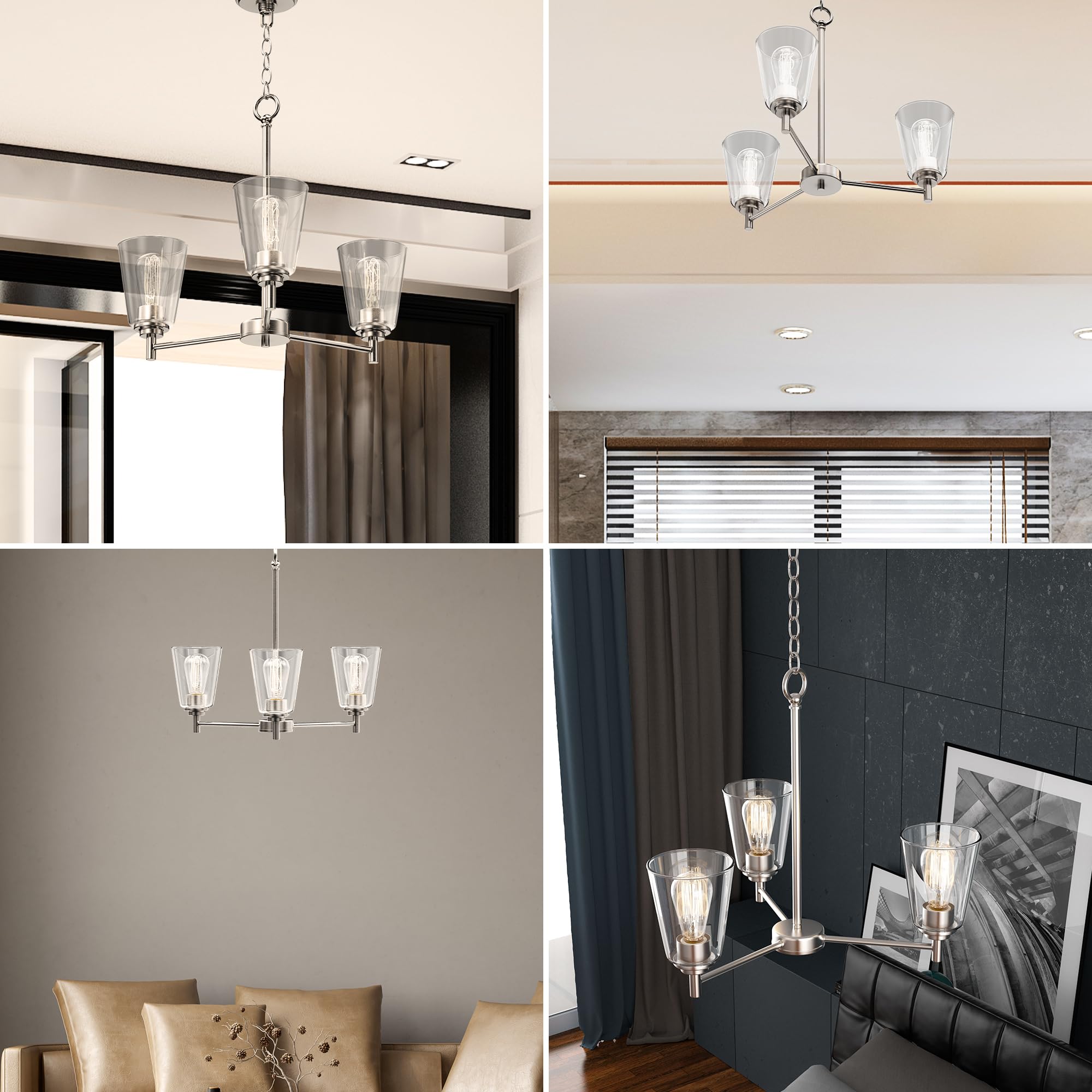 LEDMyplace 3-Lights Flared Island Chandelier - Clear Glass Shade, Brushed Nickel Finish, E26 Base - Modern Ceiling Pendant Light for Kitchen Island, Dining Room, Farmhouse Decor (Bulb Not Included) | Perfect for Home, Restaurant, and Cafe Lighting