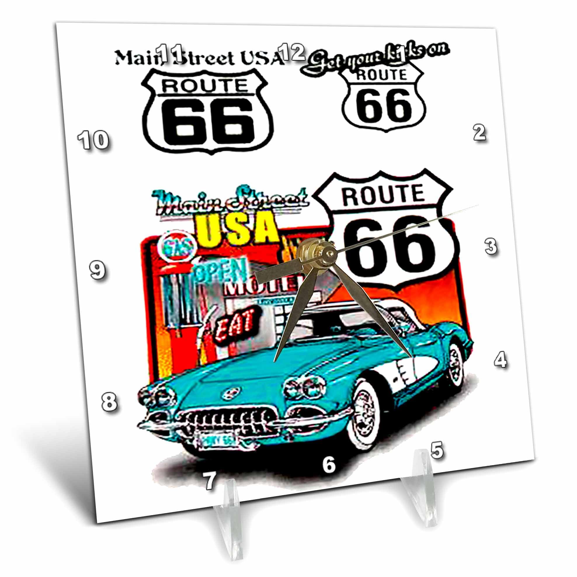 3Drose Route 66 Vintage Style Desk Clock - 6x6 Inch Retro Wall & Office Decor - Perfect for Home, Office, Road Trip Themed Gifts & Travel Enthusiasts